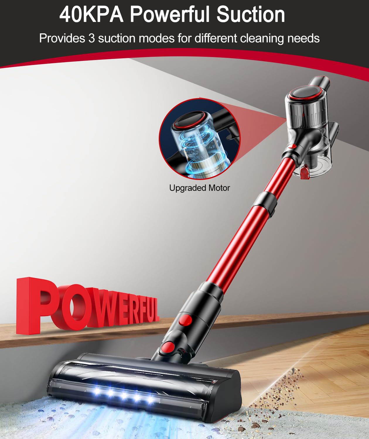 Cordless Vacuum Cleaner, 40KPA Powerful Stick Vacuum 8 in 1 Lightweight Vacuum Cleaners for Home, LED Display, 3 Suction Modes, 45Mins Detachable Battery Vacuum for Hard Floor Carpet Pet Hair (Red)