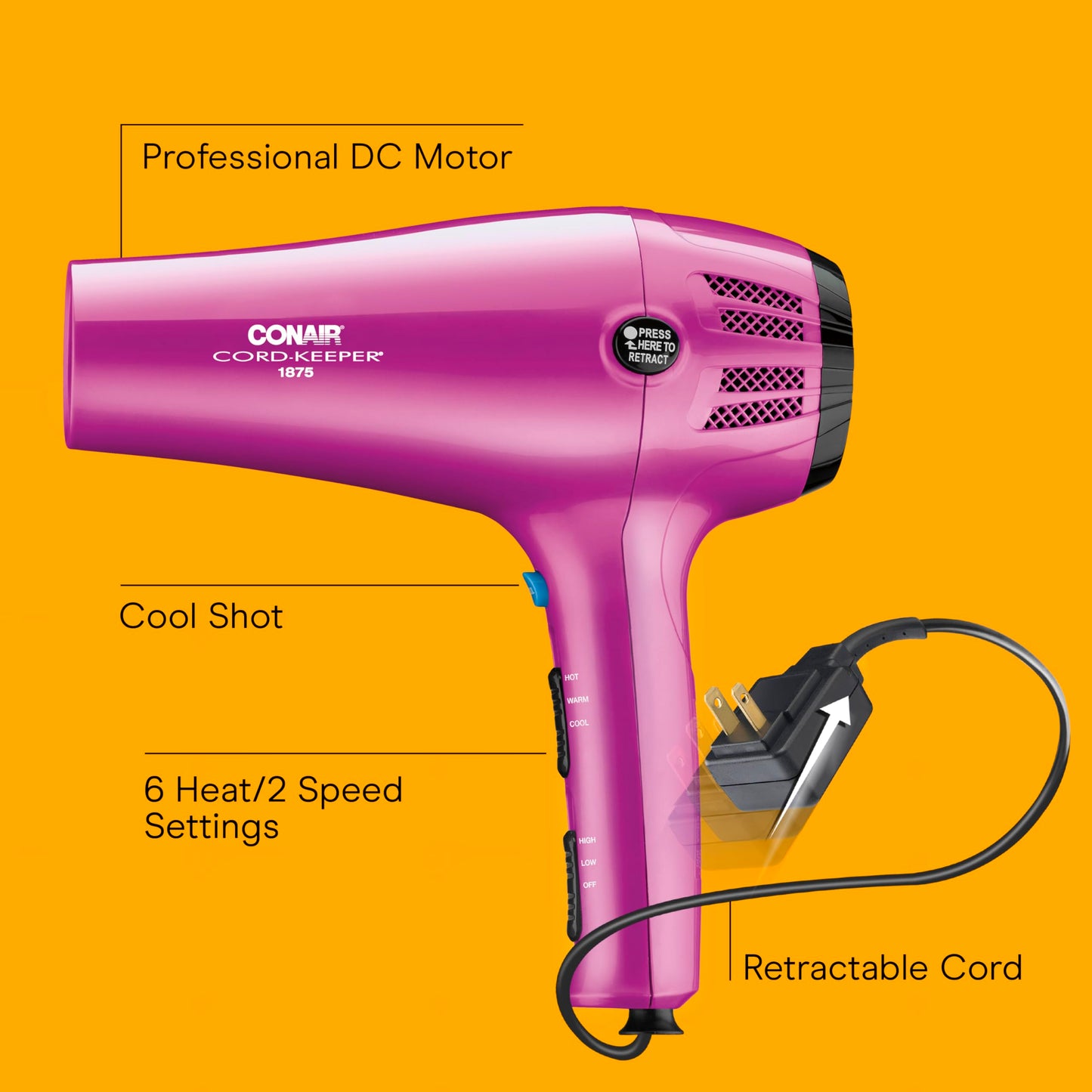 Conair 1, 875-Watt Cord-Keeper Styler, 1 Count, Pink, 1 EA (209BCR)