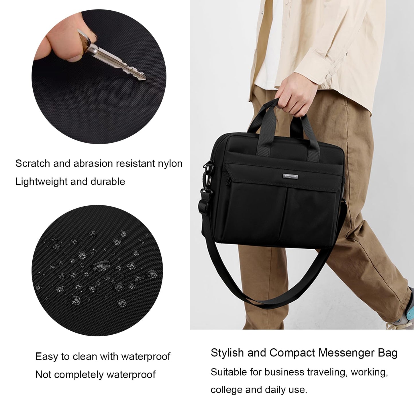 Laptop Bag 14 Inch Briefcase for Men Women Waterproof Nylon Lightweight Compact, Shoulder Messenger Handbag for Business Office Work Travel College Black