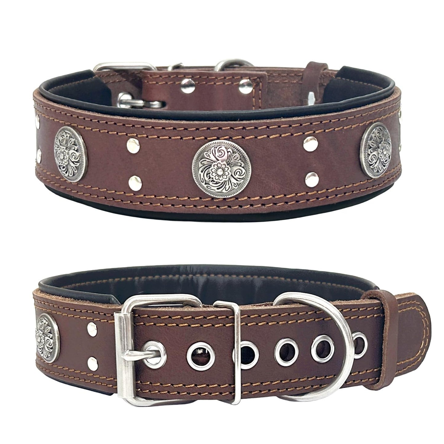Leather Dog Collar for Large Medium Dogs, Heavy Duty 2 Inches Wide Dog Collars, Thick, Strong, Luxury and Studded Collar for Dogs Brown(19.5“-23.5”)