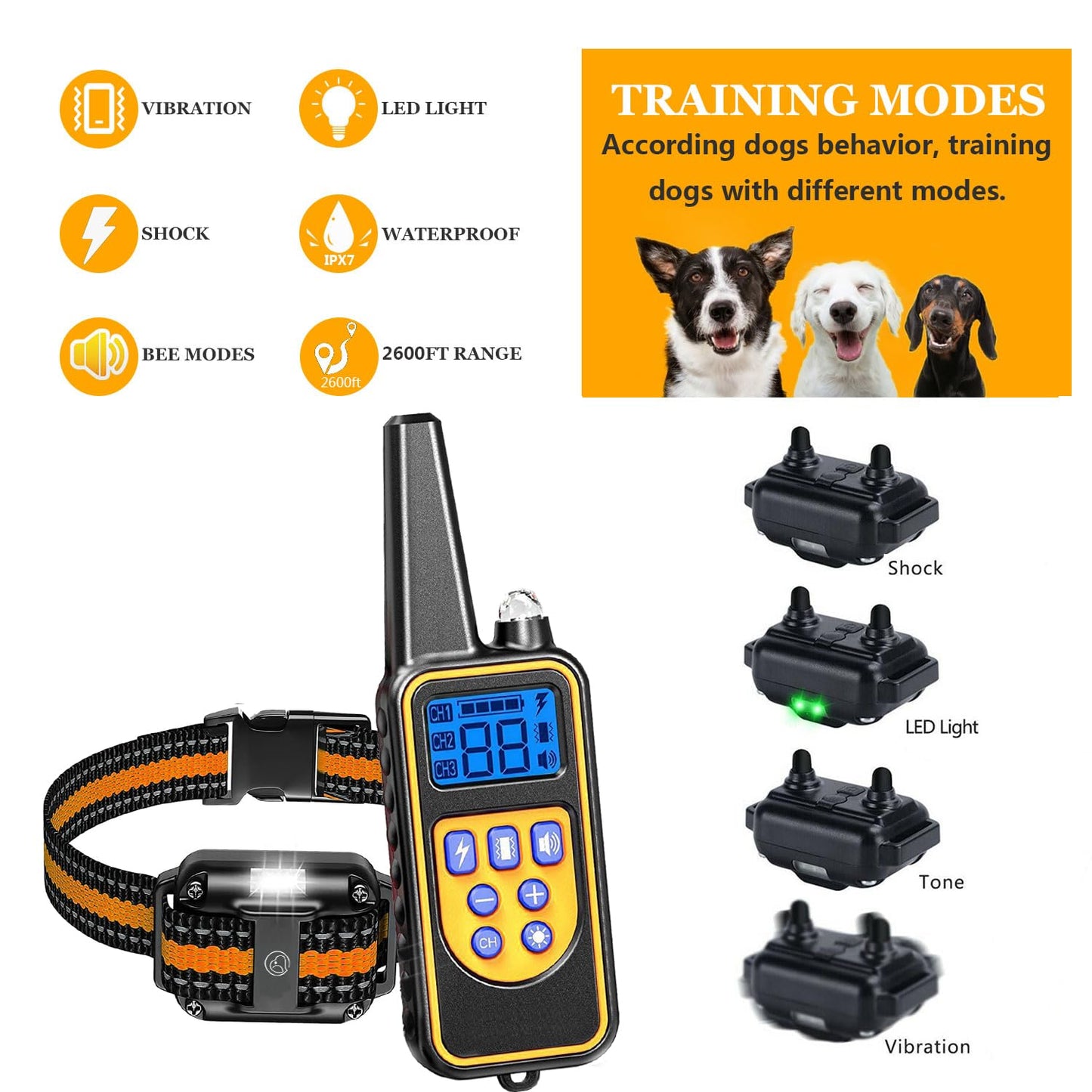 Heaflex Dog Training Electric Collar with Remote, Waterproof Rechargeable, 2600ft Dog Shock Collar with LED Light, Beep, Vibration, Shock for 3 Dogs