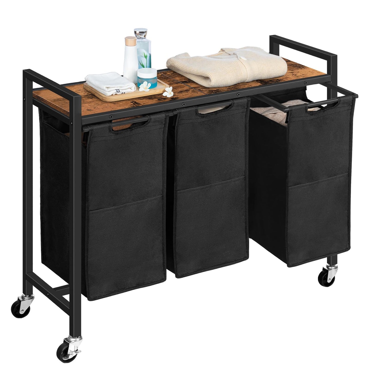 HOOBRO Laundry Sorter 3 Section, Laundry Hamper with Wheels, 3 × 11.5 Gal (43.5L), Rolling Laundry Basket, 3 Pull-Out and Removable Oxford Fabric Laundry Bags, Rustic Brown and Black BF76XY01