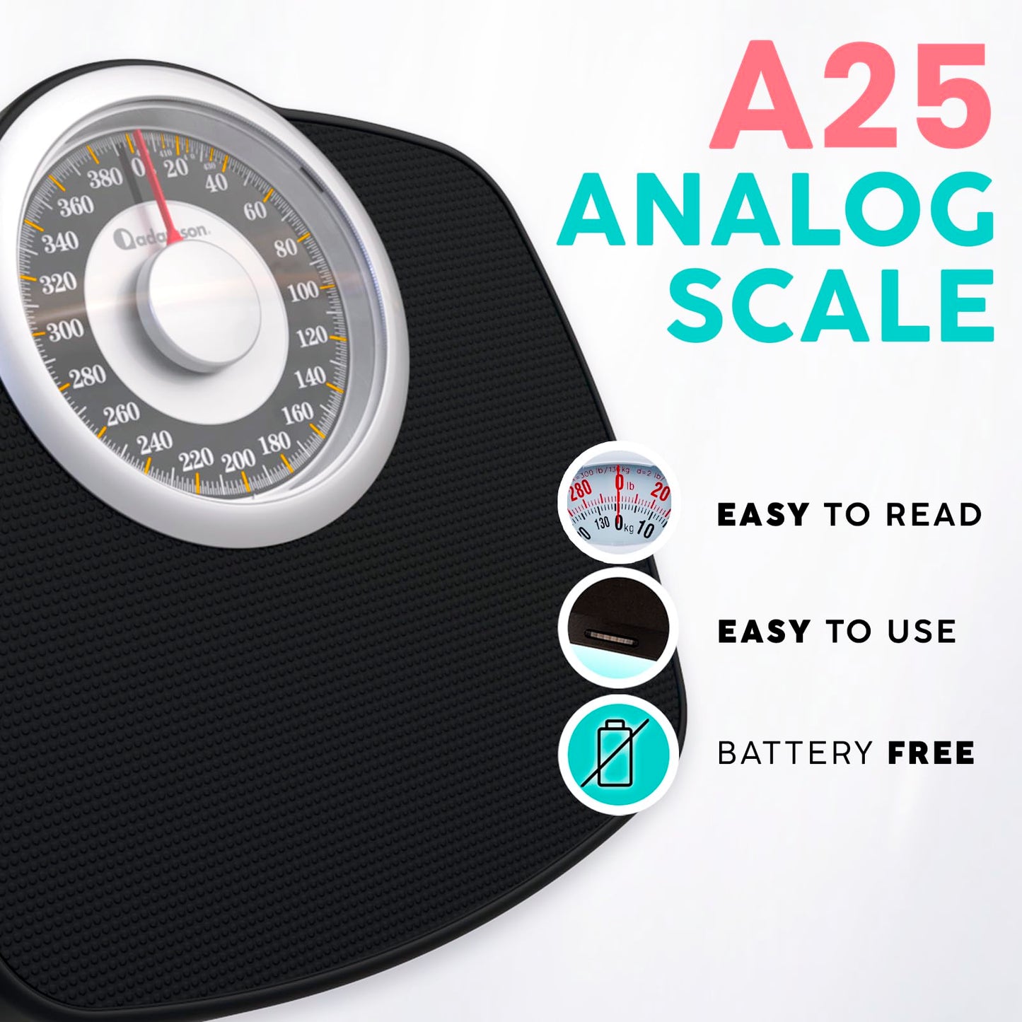 Adamson A25 Scales for Body Weight - Up to 400 LB - 5.3" Dial on 12.4" x 10.2" Platform - Anti-Skid Rubber Surface - High Precision Bathroom Scale Analog - Durable with 20-Year Assurance - Gold