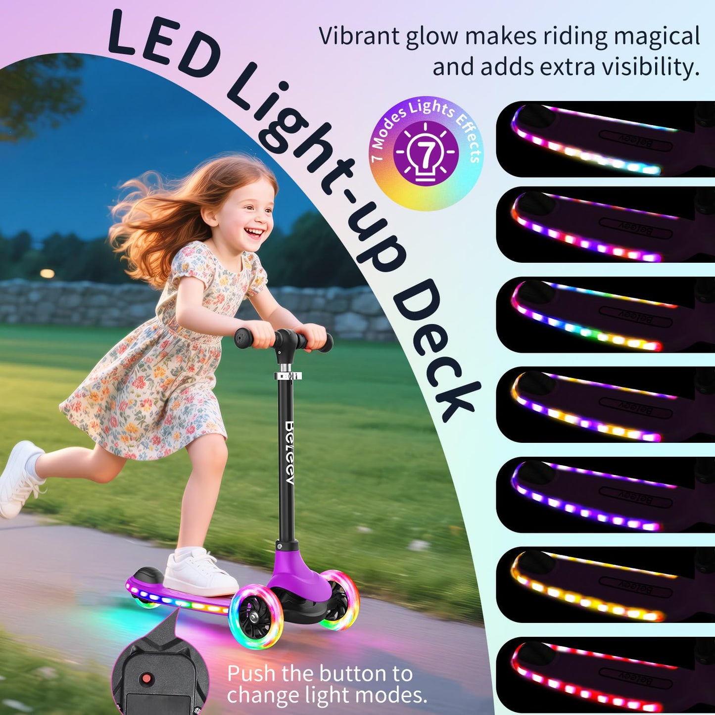 BELEEV A6 Scooter for Kids with Light-Up Deck & Wheels, 3 Wheel Kick Scooter for Toddlers Girls Boys Ages 3-8, 4 Adjustable Height, Non-Slip Deck, Lightweight Scooter for Children (Purple)