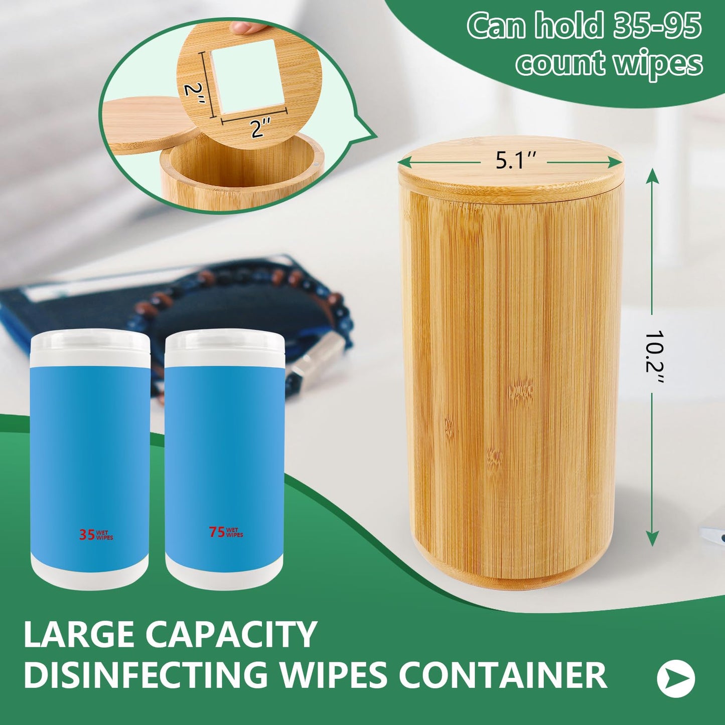 Axcoix Bamboo Wipes Dispenser Container, Disinfecting Wipes Container Holder Fit for Disinfecting Wipes, Flushable Wipes Dispenser for Bathroom Kitchen Home
