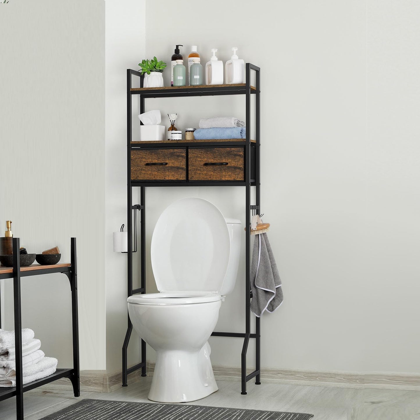 ETELI Over The Toilet Storage Cabinet Bathroom Storage Cabinet Over Above Toilet Shelf Bathroom Shelf Organizer with Fabric Drawers, Rustic Brown