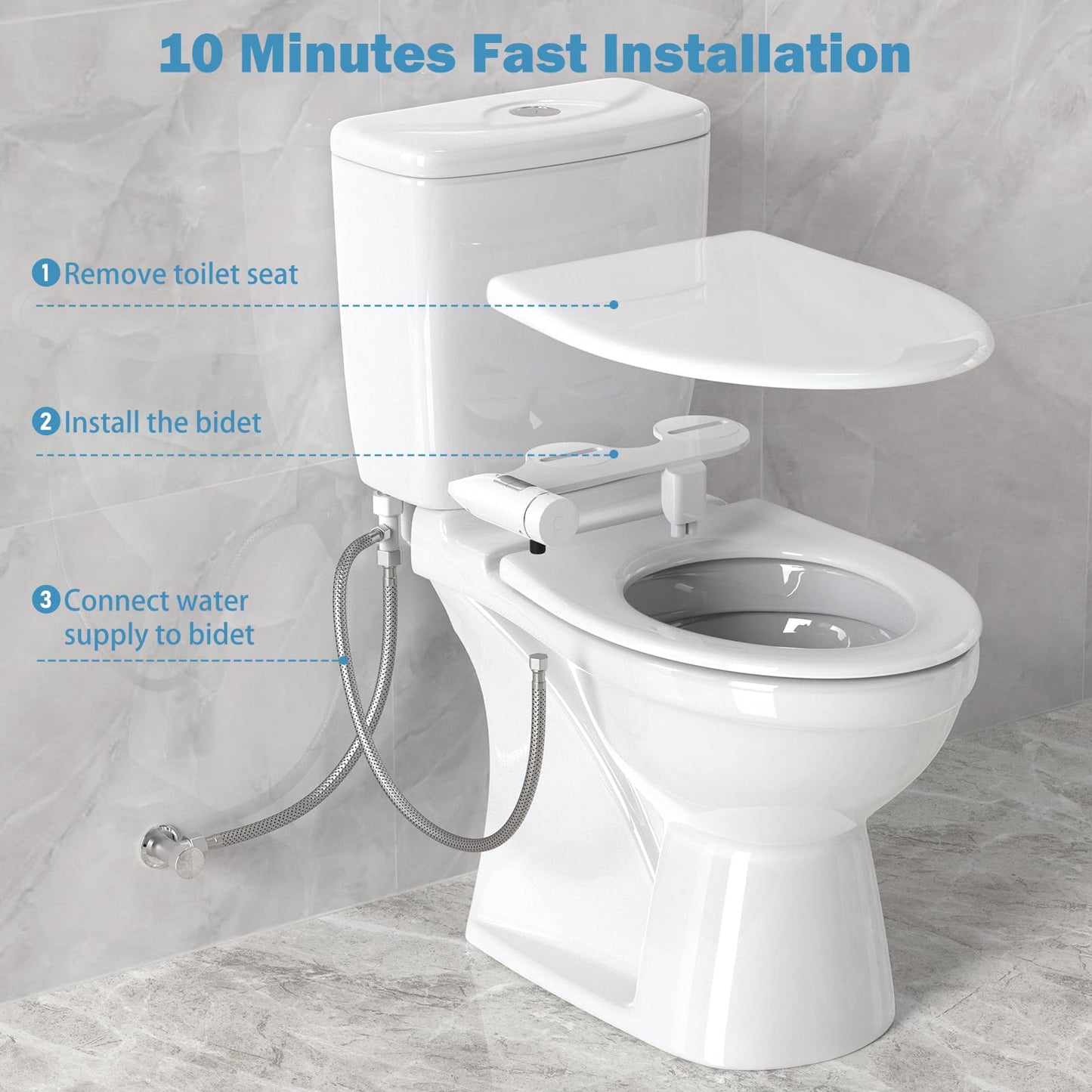 6MM Ultra-Slim Bidet, Bidet Attachment for Toilet Dual Nozzles (Frontal & Rear Wash) Pressure Adjustable, Non-Electric Auto Self Cleaning, Fresh Water Bidet Toilet Seat Attachment, No Gap Install
