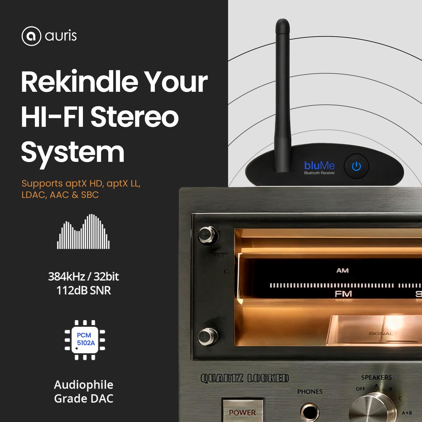 Auris Blume HD Long Range Bluetooth 5.3 Music Receiver Hi-Fi Wireless Audio Adapter with Audiophile DAC, LDAC & aptX HD for Streaming to Home Stereo, AV Receiver or Stereo Amplifier