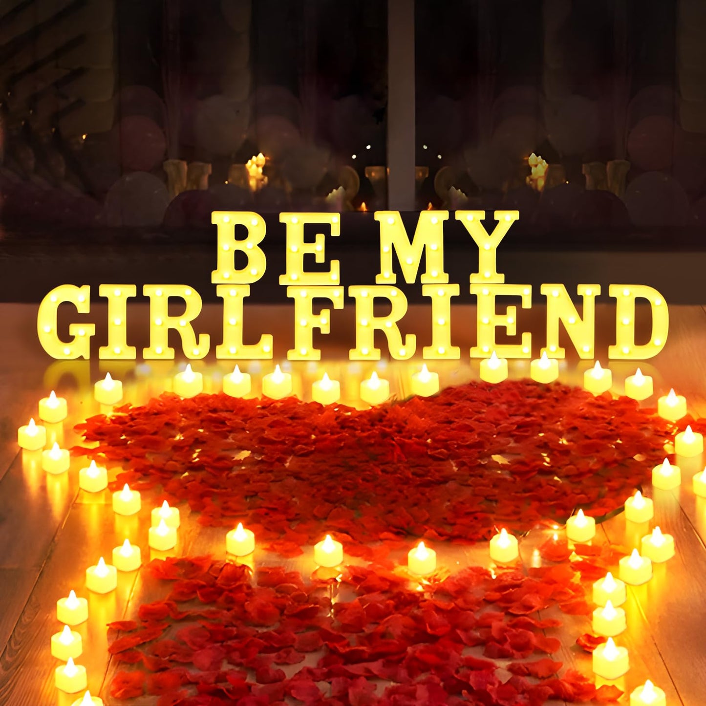 2038 Pcs Be My Girlfriend Light Up Letters Proposal Decorations, Be My Girlfriend Sign with 24 Pcs Heart Flameless Candles 2000 Pcs Rose Petals for Valentine's Day Romantic Night Decor