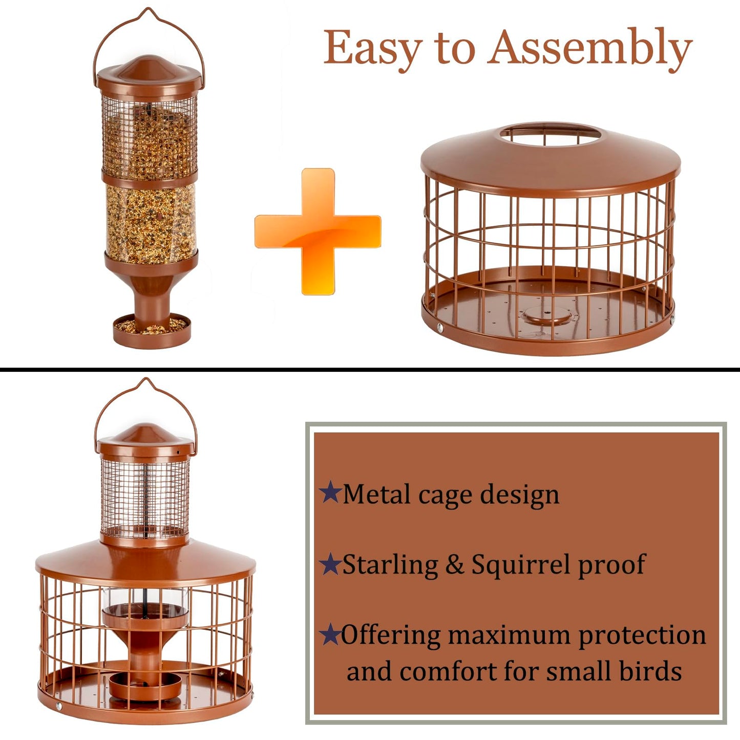 Caged Bird Feeders Squirrel-Proof, Metal, 2.8 Lbs Capacity-Cage Tube Seed Feeders with Tray Outdoor Hanging, Attract Birds,Detachable Cleaning, Starling Proof Wild Bird Feeder(Brown)