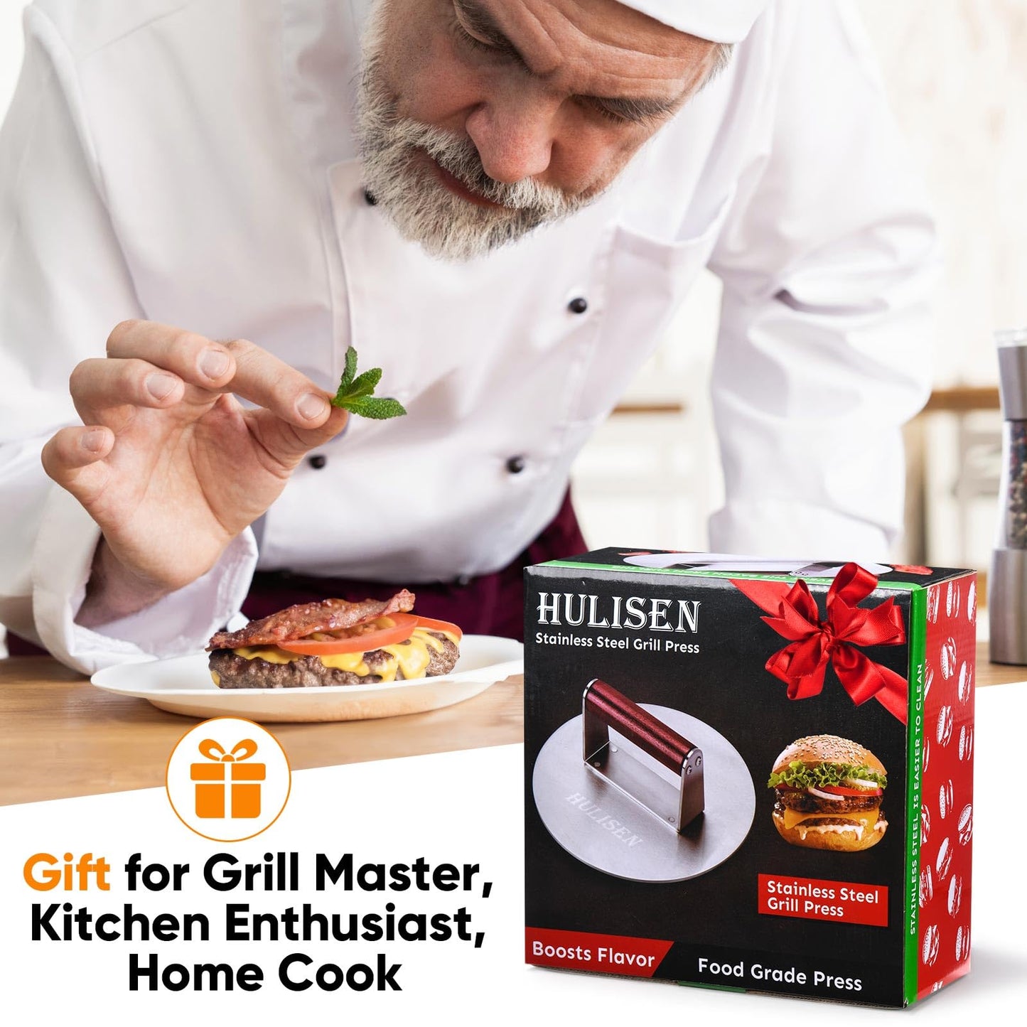 HULISEN 8.4-Inch Burger Press, 2.5 lbs Heavy Duty Bacon & Grill Press, Stainless Steel Smashed Burger Press, Round Smasher with Wood Handle, BBQ Griddle Accessories for Hamburger, Steak, Meat