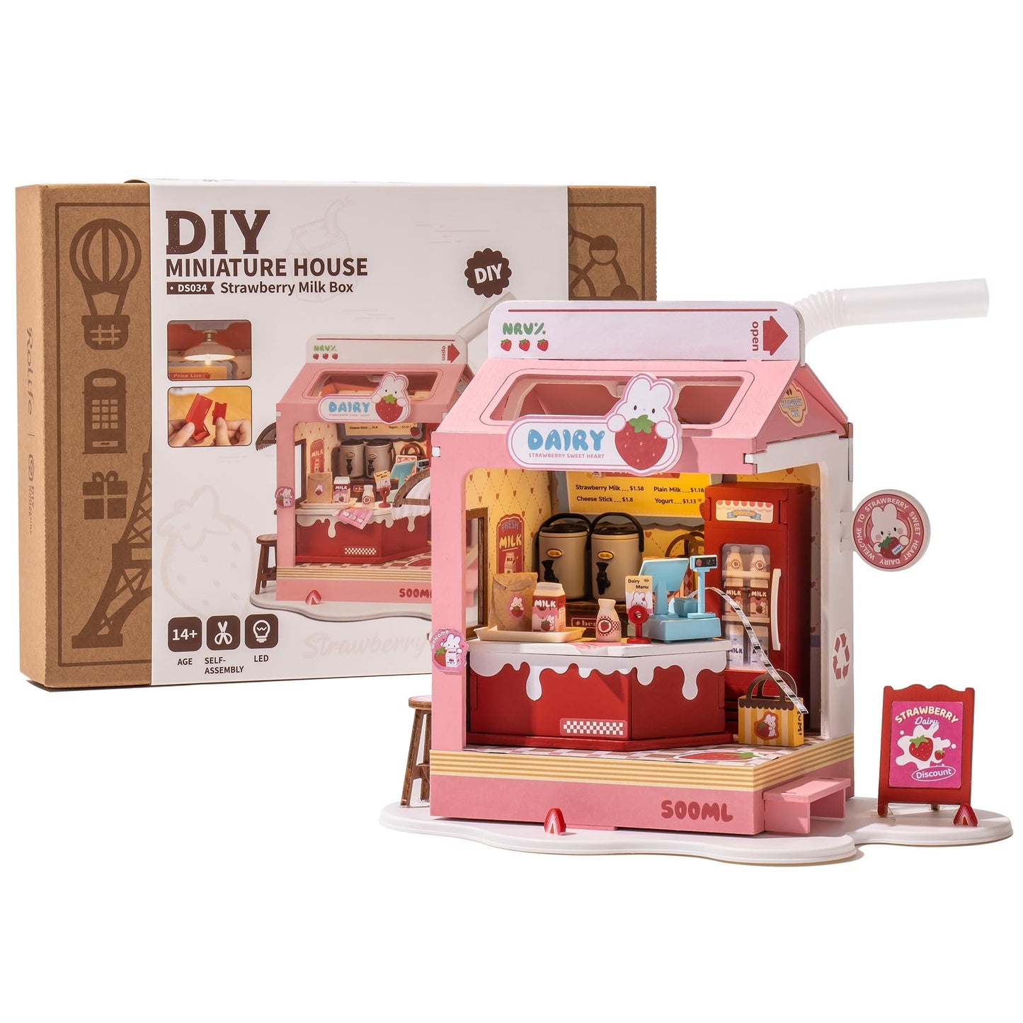Rolife DIY Mini House Building Miniature Kit Milkbox, Miniverse Lifestyle Bookshelf Decoration, Cute Craft Kits for Women, Kawaii Gifts Hobbies for Crafters (Strawberry Milkbox)
