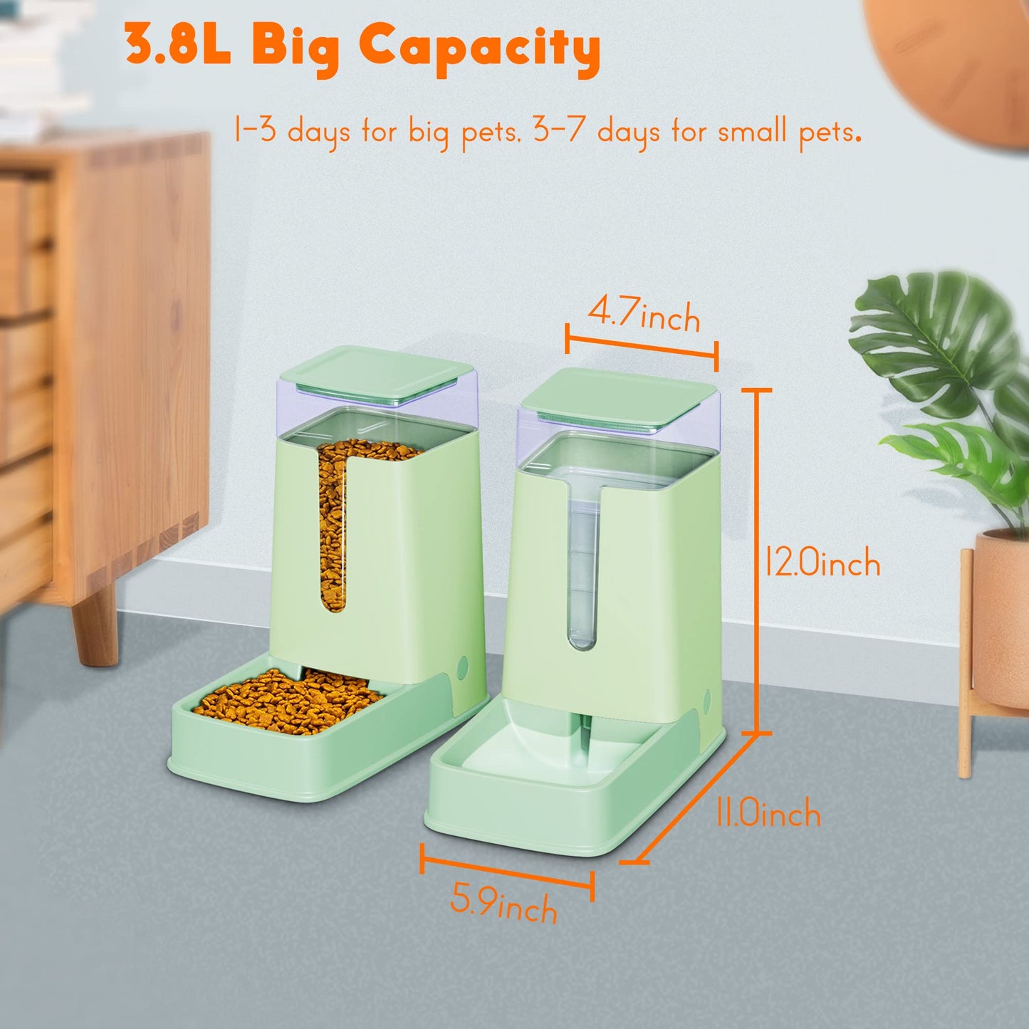 Automatic Pet Feeder Small&Medium Pets Automatic Food Feeder and Waterer Set 3.8L, Travel Supply Feeder and Water Dispenser for Dogs Cats Pets (Light Green)