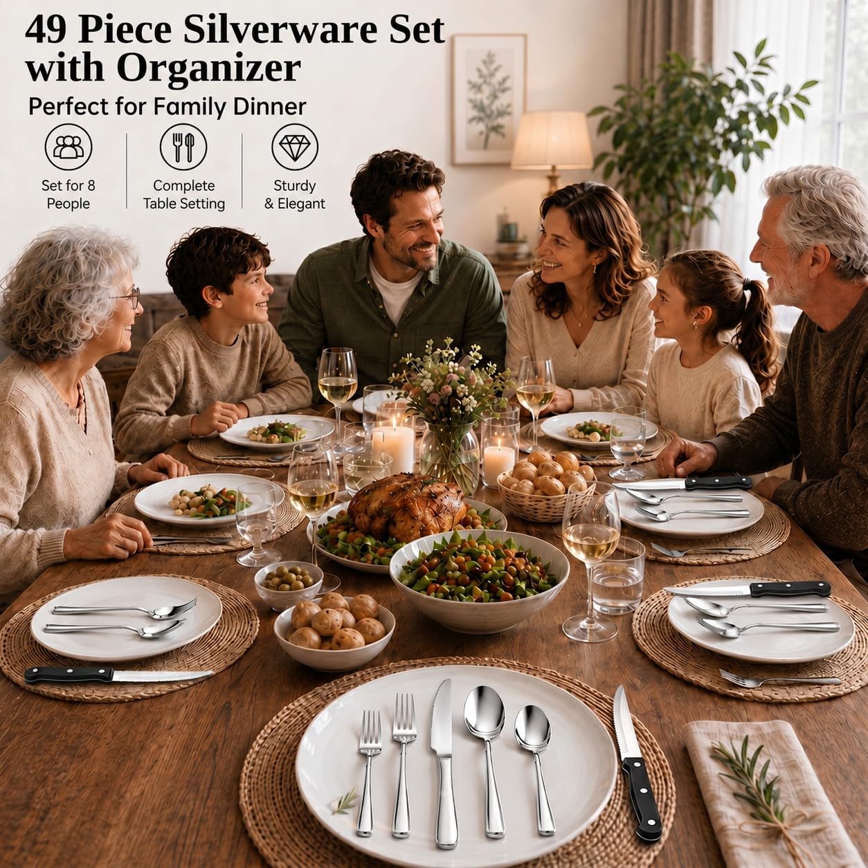 49-Piece Cutlery Set with Organizer, Stainless Steel Silverware Set Service for 8 with Steak Knives and Utensils