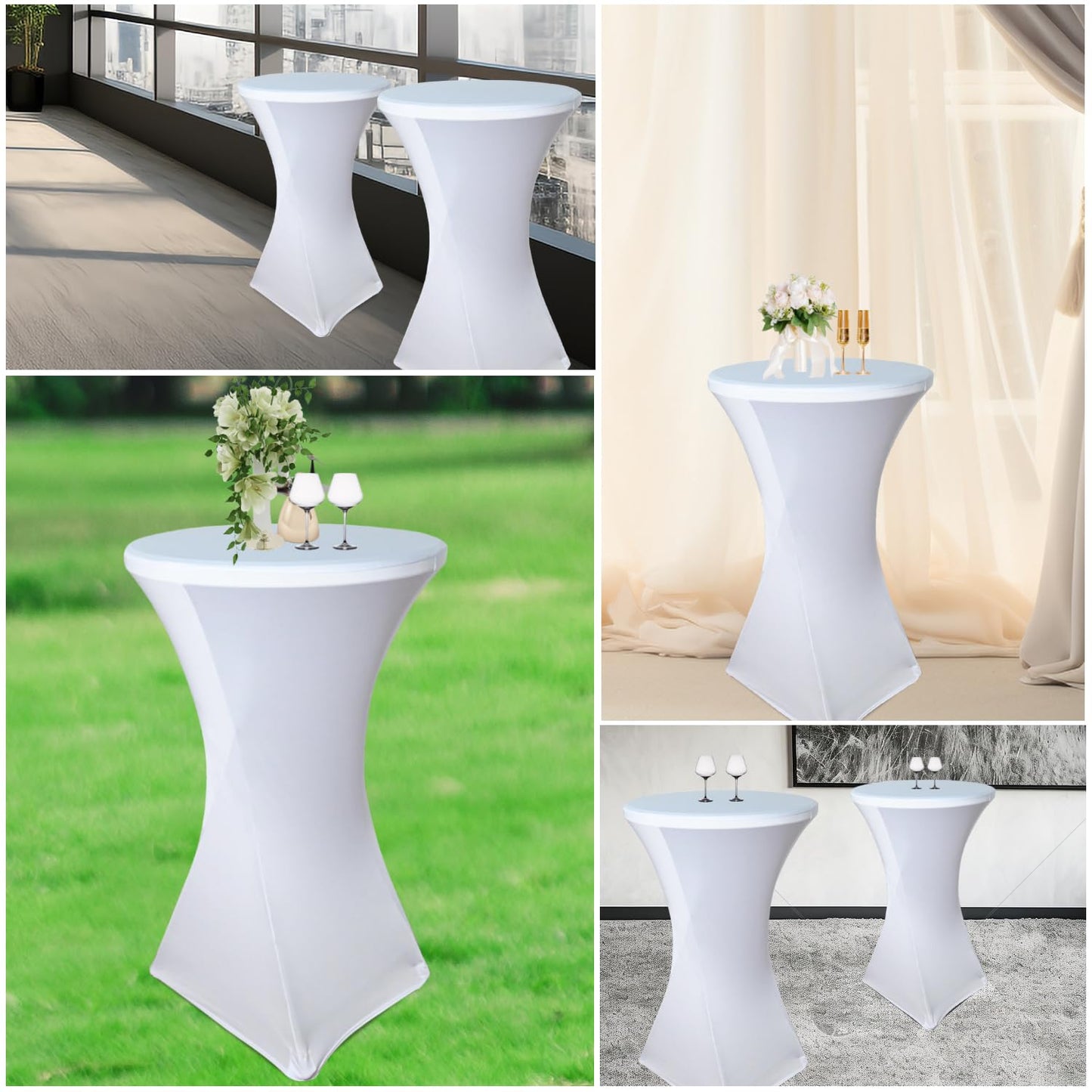 White Cocktail Spandex Stretch Square Corners Tablecloth Set of 4Pack|32"x43" Cocktail Round Tablecloth|Stain 、Wrinkle Resistant、Washable for Bar Wedding Cocktail Party Banquet Table