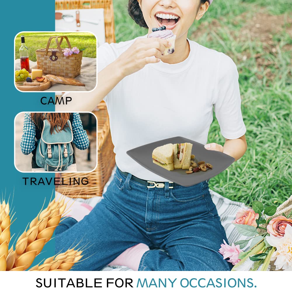 Teivio 48-piece Wheat Straw Square Dinnerware Set for 12, Unbreakable Dinner Plates, Salad Plates, Snack Bowls, Tumblers 13.5 oz, Dishwasher Safe, Plastic Kitchen RV Dish Set, Gray Ombre