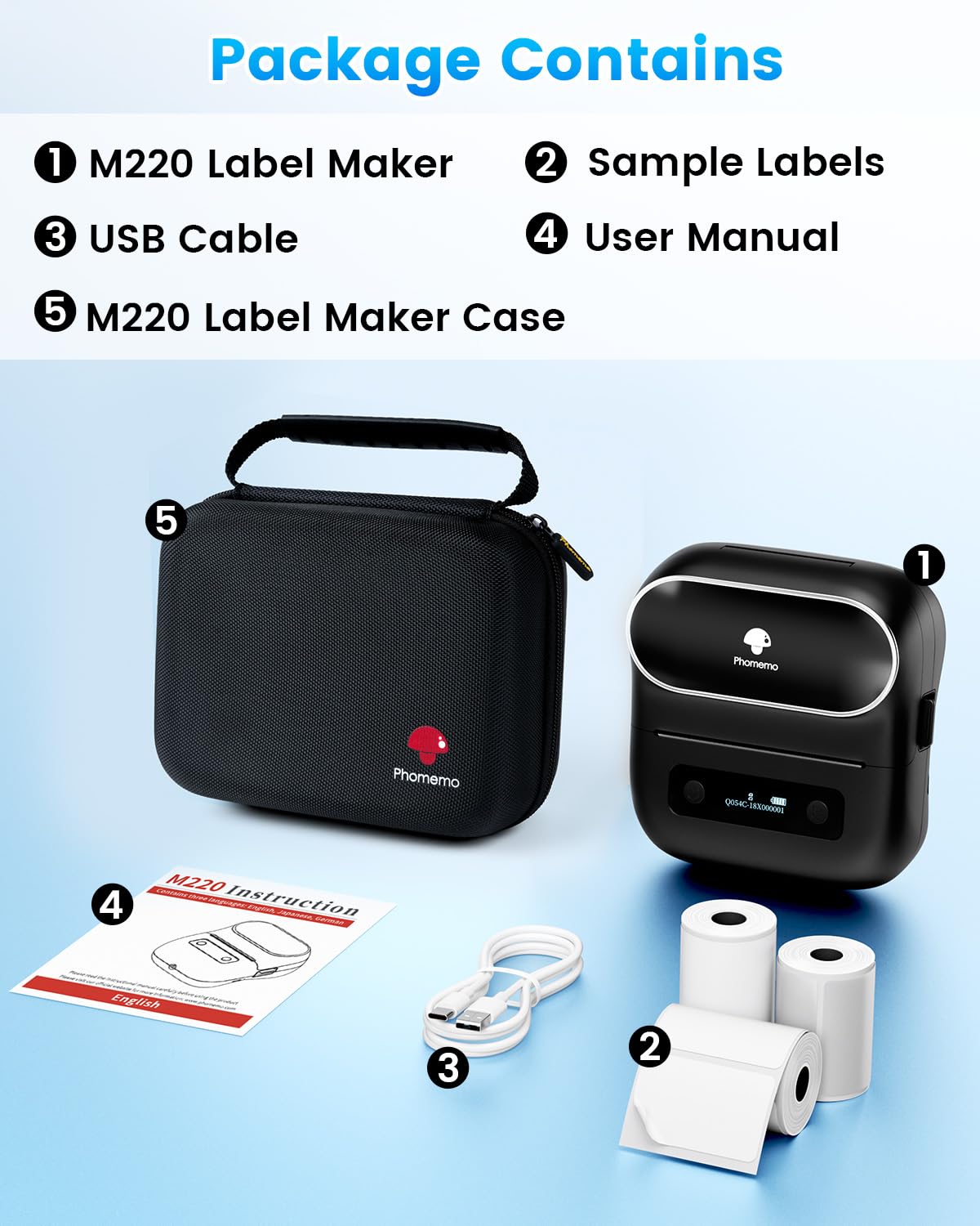Phomemo M220 Label Maker for School, Bluetooth Label Printer for Small Business, Sticker Printer Compatible with Phone, Tablet & PC, with 3 Rolls & 1 Case