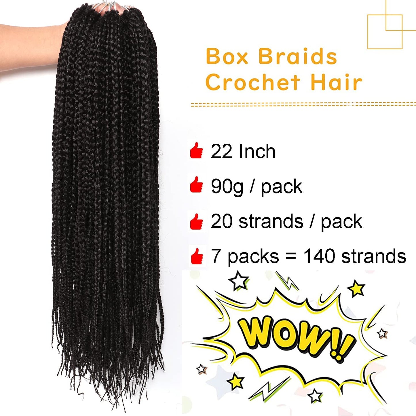 22 Inch Long Medium Box Braids Crochet Hair 7 Pakcs/lot Synthetic Hair Extension Box Braid Hair Crochet (22 Inch, 1B)