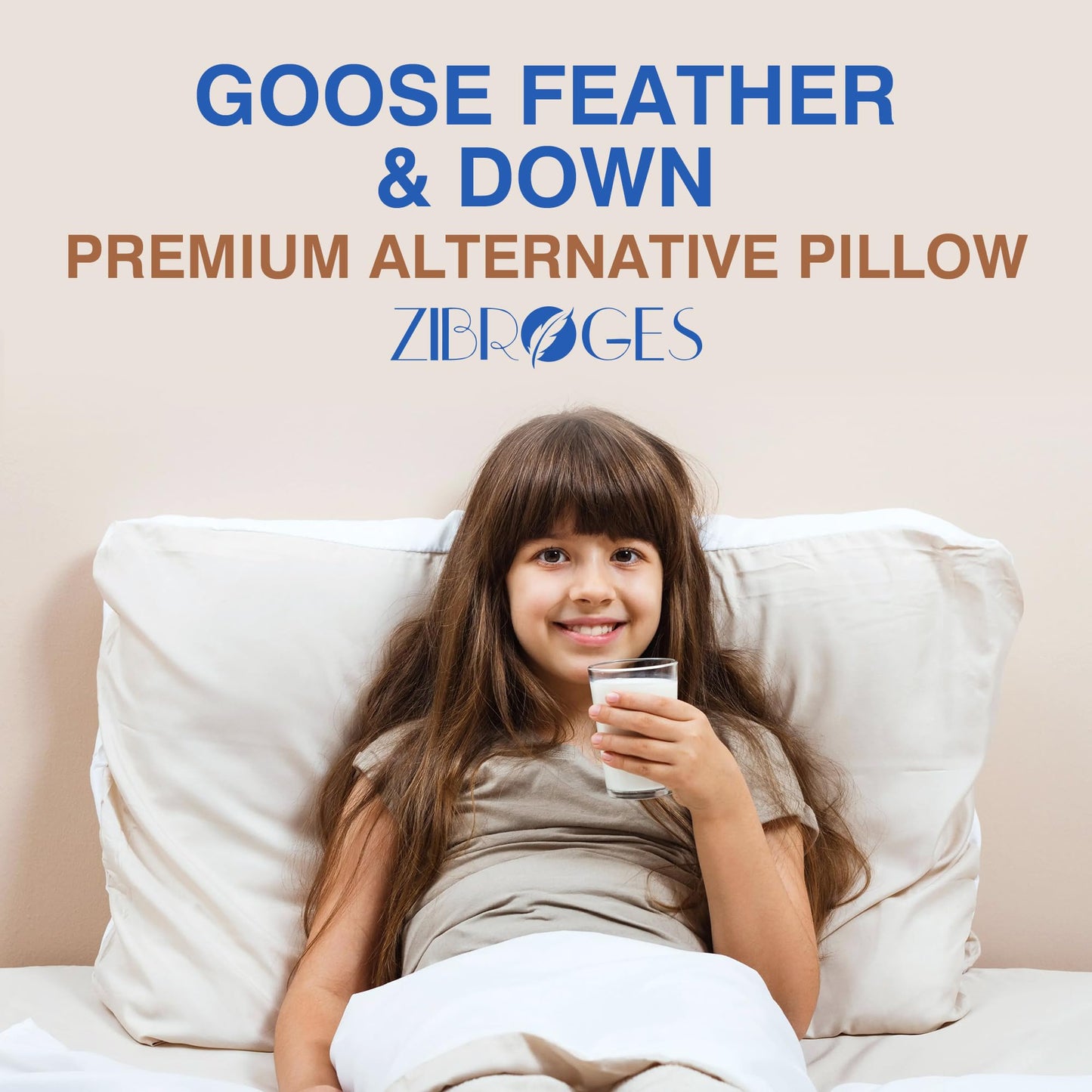 zibroges Goose Feather Bed Pillow King Size Set of 2- Hotel Pillows, Soft 600 Thread Count Cotton Cover, Fluffy Support Surround Fill Polyester for Back, Stomach, Side Sleepers