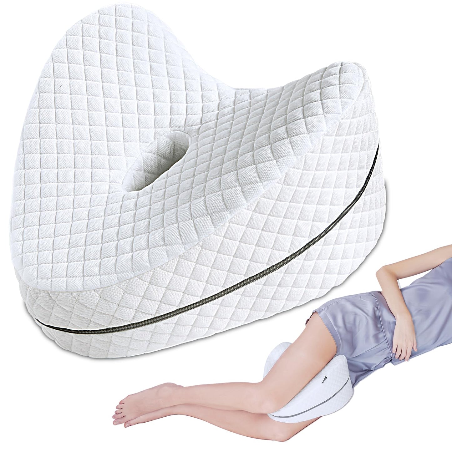 SAHEYER Knee Pillow for Side Sleepers, Memory Foam Leg Elevation Pillow for Sleeping, Ergonomic Hip Support Pillow Washable Cover for Spine Alignment, Sciatica Reduce Pressure (White)