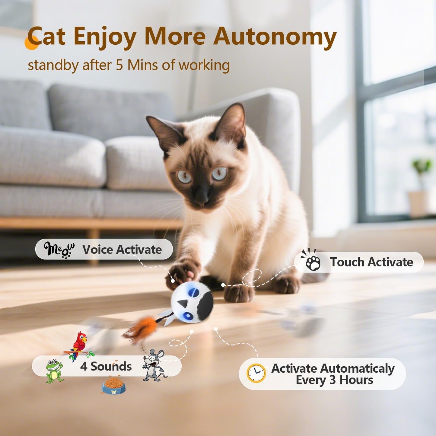 ORSDA Cat Toys, Interactive Cat Toy Ball for Indoor Cats, Automatic Moving Ball Bird Toy for Bored Indoor Adult Kitten, Motion Activated Fast Moving Chirping Stimulating Light, 2 Feather Tails