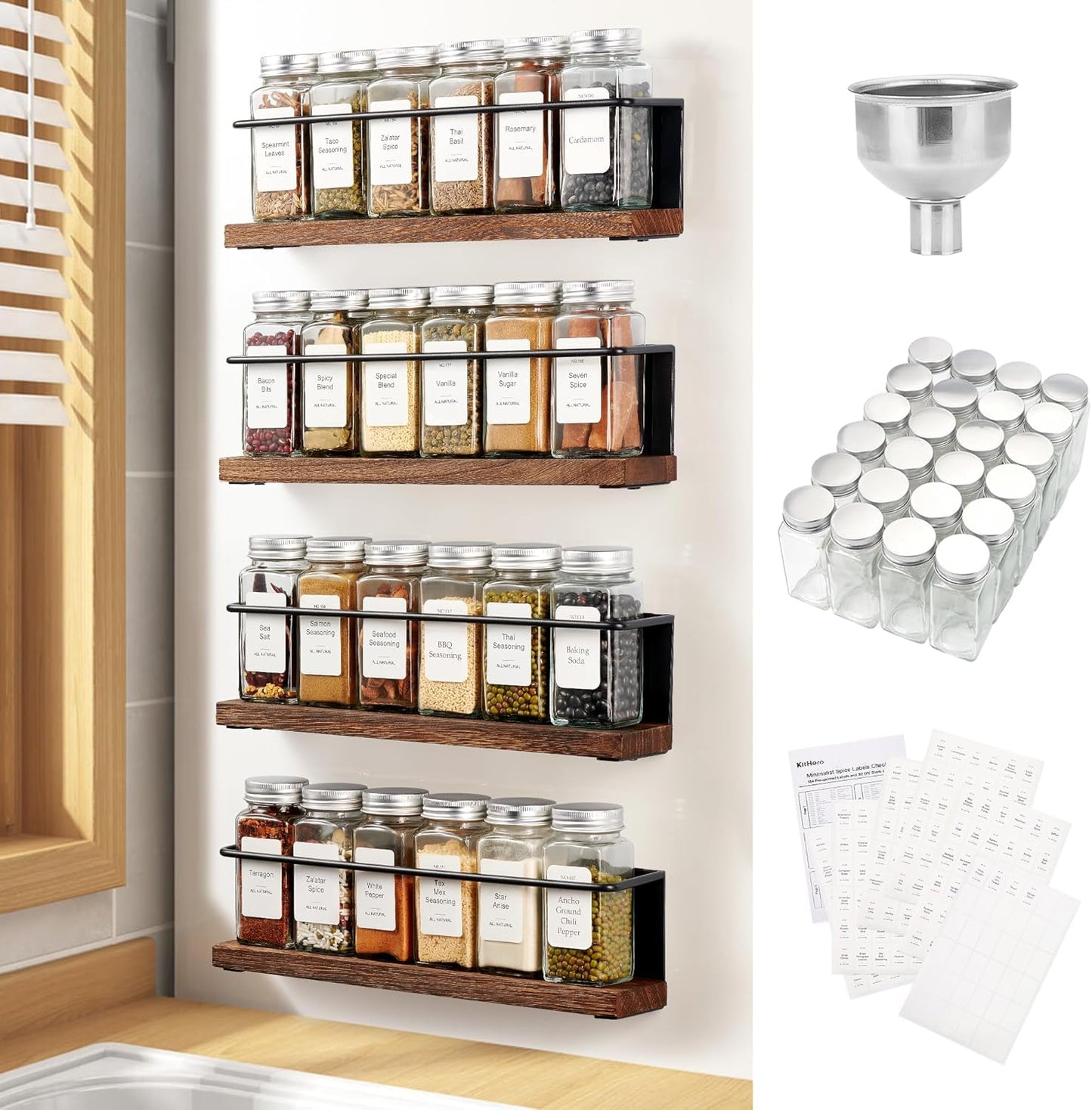 KitHero Magnetic Spice Rack with 24 Jars, 216 Labels, 1 Steel Funnel for Refrigerator,Microwave Oven - Full Set of Spice Organizer