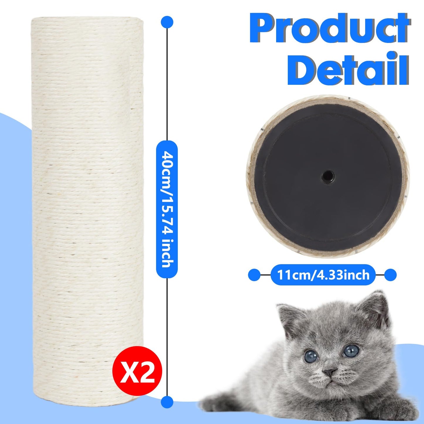 PowerKing Thick Natural Sisal Replacement Scratching Post,15.7" Length, 4.5" Thick, 2Pcs M8 Cat Scratch Post Refill Poles, Ideal for Refurbishment, Includes Screws (White)