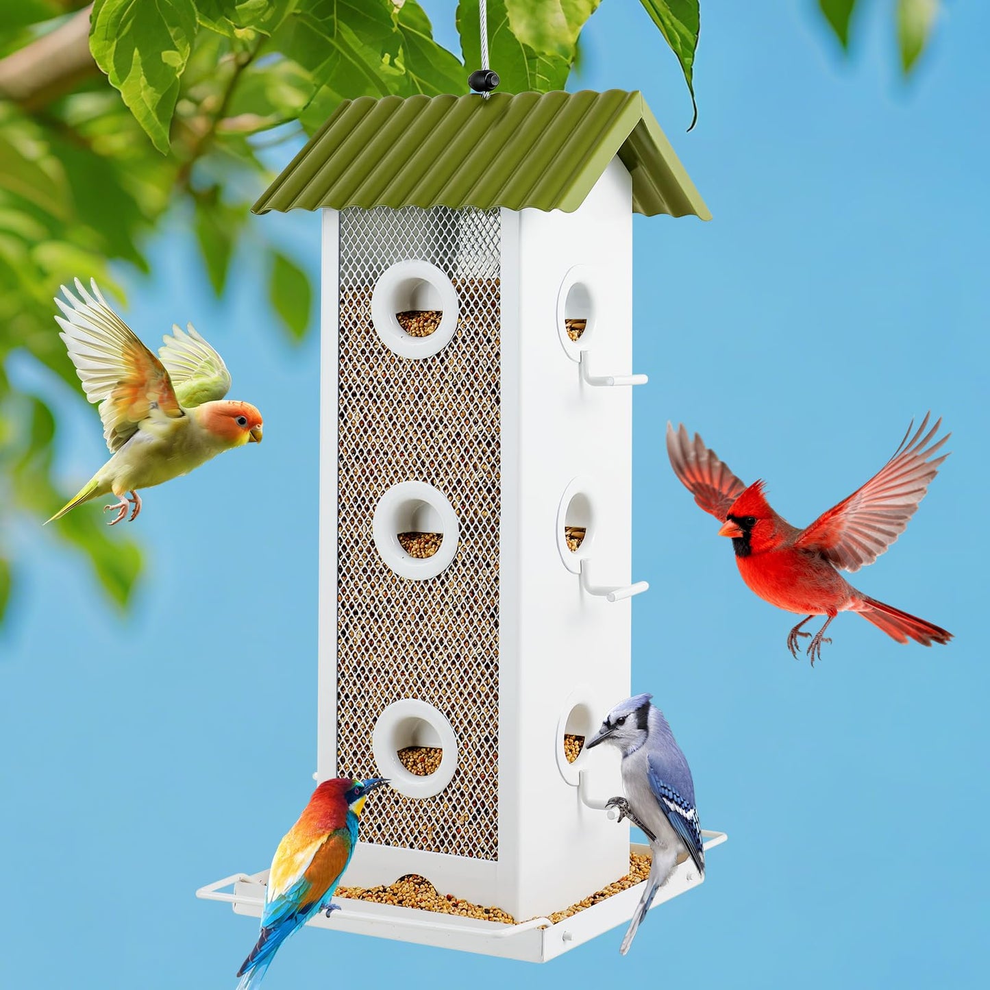 Shineforu All Metal Bird Feeder for Outdoors Hanging | 14-Port Multi-Bird Viewing | Rust-Proof, Waterproof & Easy-Clean | Attracts Cardinals, Finches, Chickadees & More (Crisp White & Green)