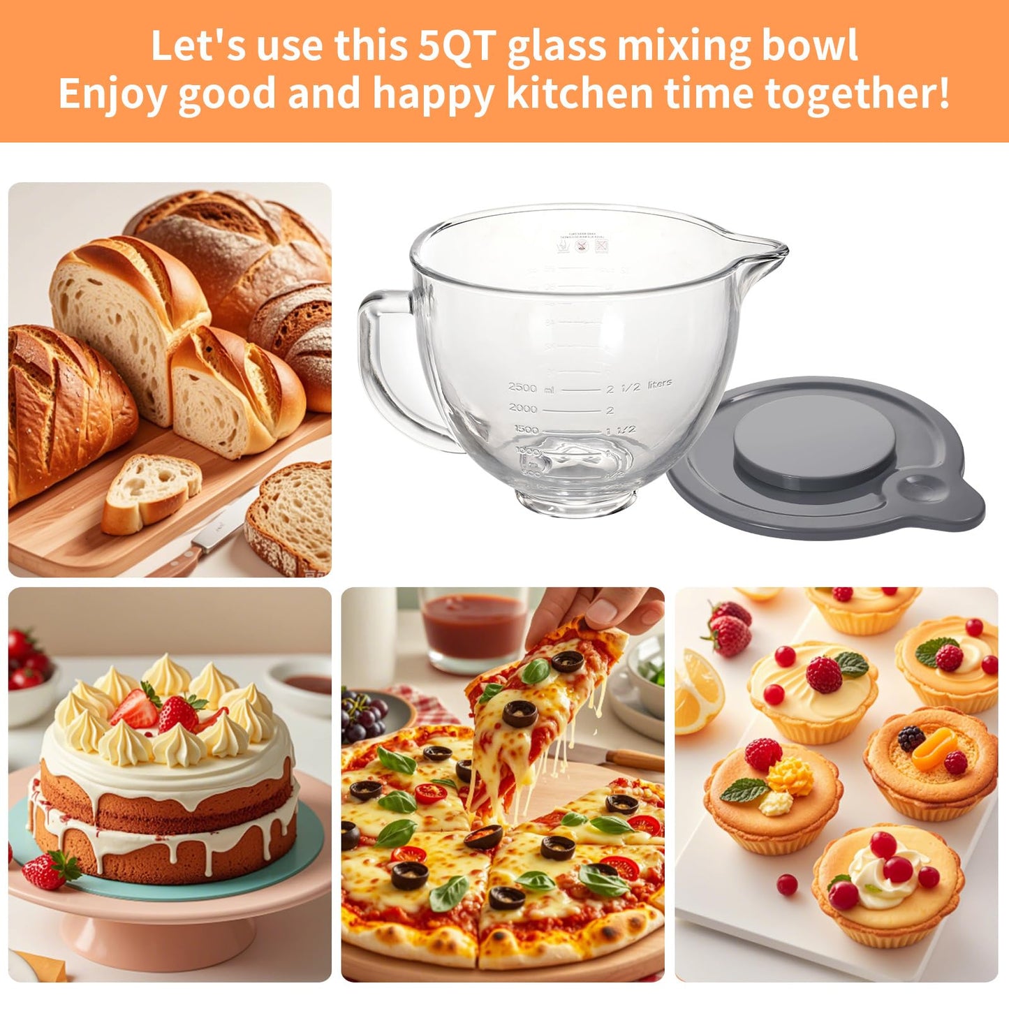 5QT Glass Bowl Compatible with KitchenAid 4.5 and 5-Quart Tilt Stand Mixers,Glass Mixing Bowl with Lid, Measurement Markers and Handle
