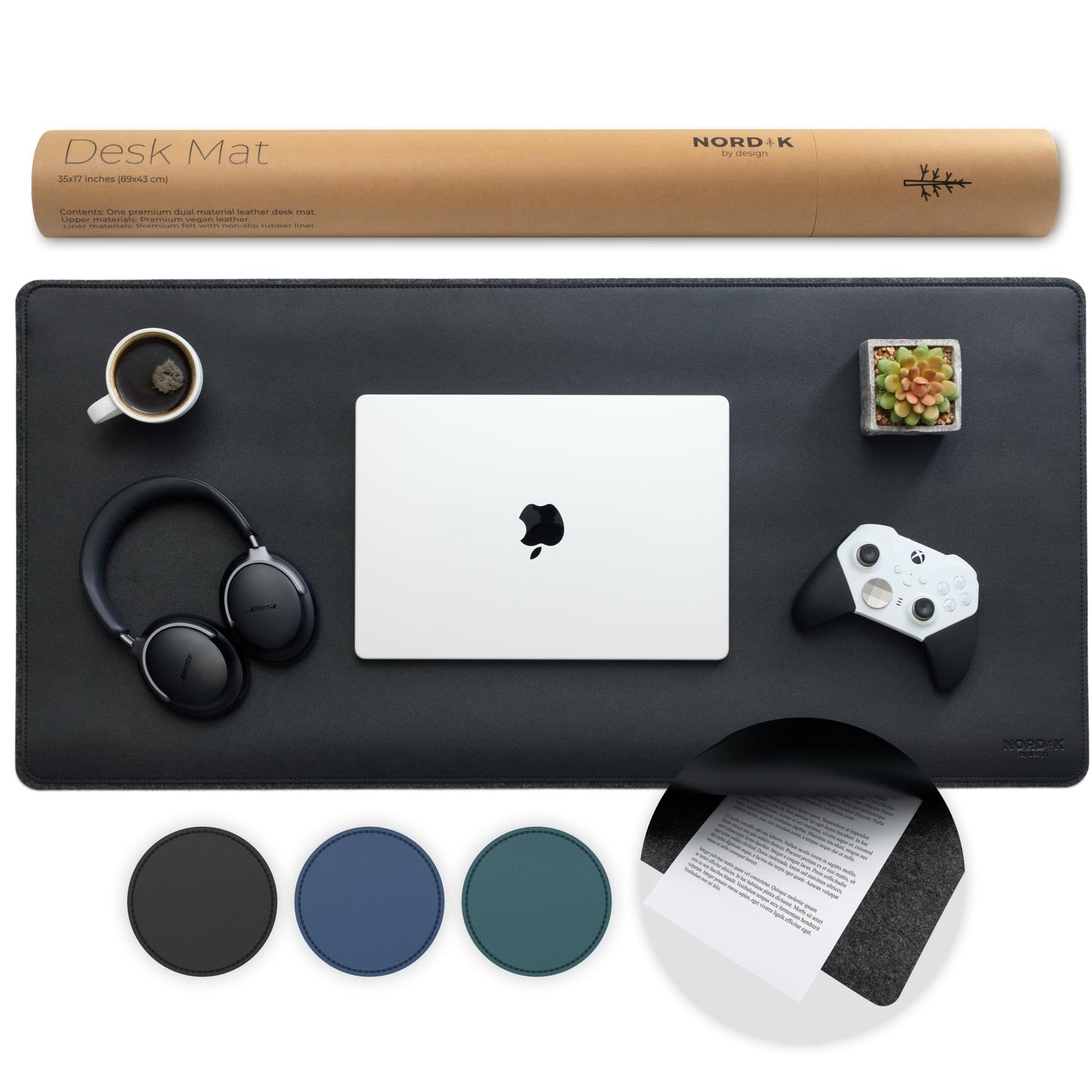 Nordik By Design Felt and Vegan Leather Desk Mat - Black - 35 x 17 Inch - Non-Slip Desk Pad - Document Organizer - Desk Blotter and Protector