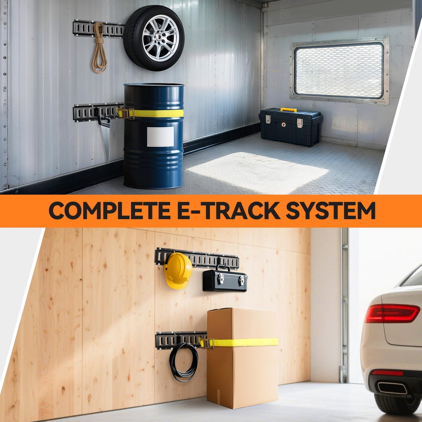 Elechomes E Track Tie-Down Rail Set: 4 Pack 16" E-Track Rails with 2 Ratchet Straps, 4 Rope Tie Offs, 4 O Rings, 4 J-Hooks, 2 Single Slot, 8 End Caps for Vans Trailers Motorcycles Garage Storage