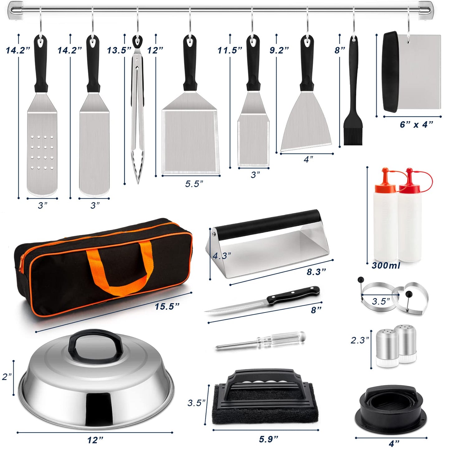 20Pcs Griddle Accessories Kit, HaSteeL Stainless Steel Flat Top Teppanyaki Tools Set for Indoor Outdoor BBQ Camping Cooking, Include Melting Dome, Bacon Press, Metal Spatulas, Scrapers, Easy to Clean