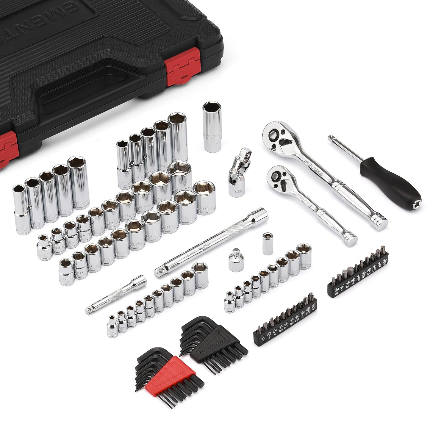EMENTOL 94PCS 1/4" and 3/8" Drive Master Socket Set, CR-V, SAE/Metric Mechanic Tool Set with Ratchet, Bits, Extension Bars, Universal Joint, Adapter, Hex Keys
