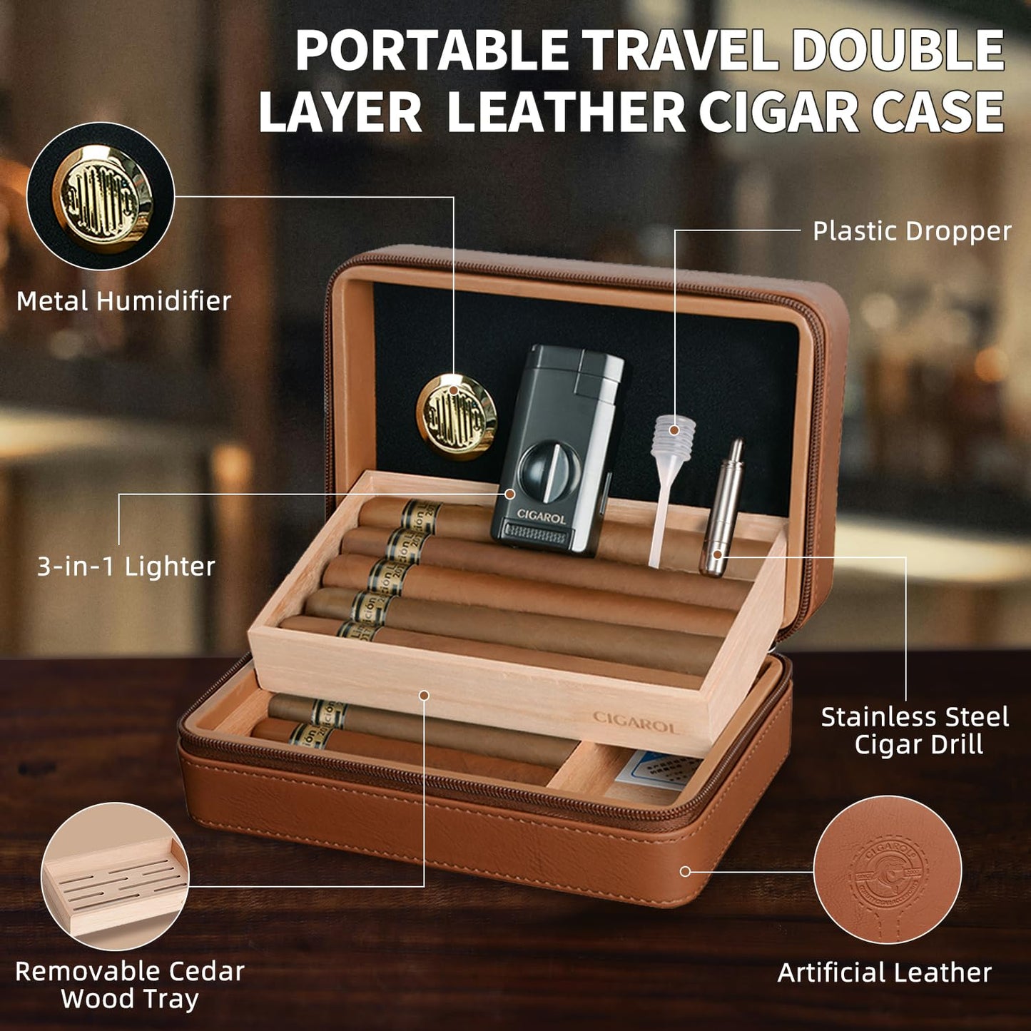 10-Finger Cigar Travel Humidor Cigar Case with Triple Flame Cigar Lighter, Leather Cigar Box with Round Humidifier, Cigar Punch and Dropper, Cedar Wood Humidor Cigar Box Gift Box Storage Box