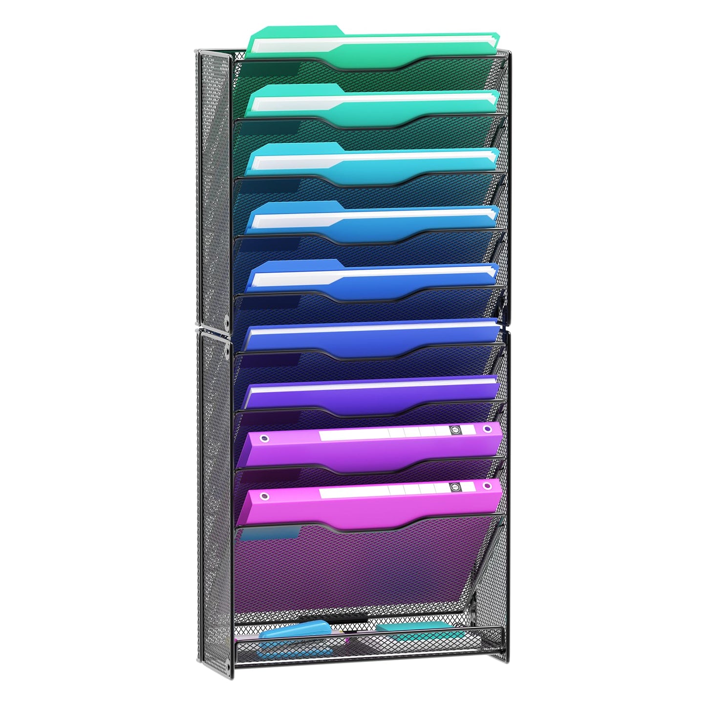 VEESUN 10 Tier Hanging Wall File Organizer, Wall File Holder Organizer Mounted Letter Mail Magazine File Rack With Flat Tray For Office Home School, Black