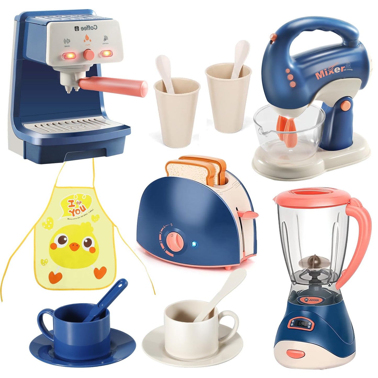 Blue Kids Assorted Kitchen Appliance Play Toys Includes Coffee Maker ,Blender,Fruit Machine and Toaster ,Apron and Cups,with Realistic Lights& Sounds,Learning Gift for Toddlers Baby Girls Boys