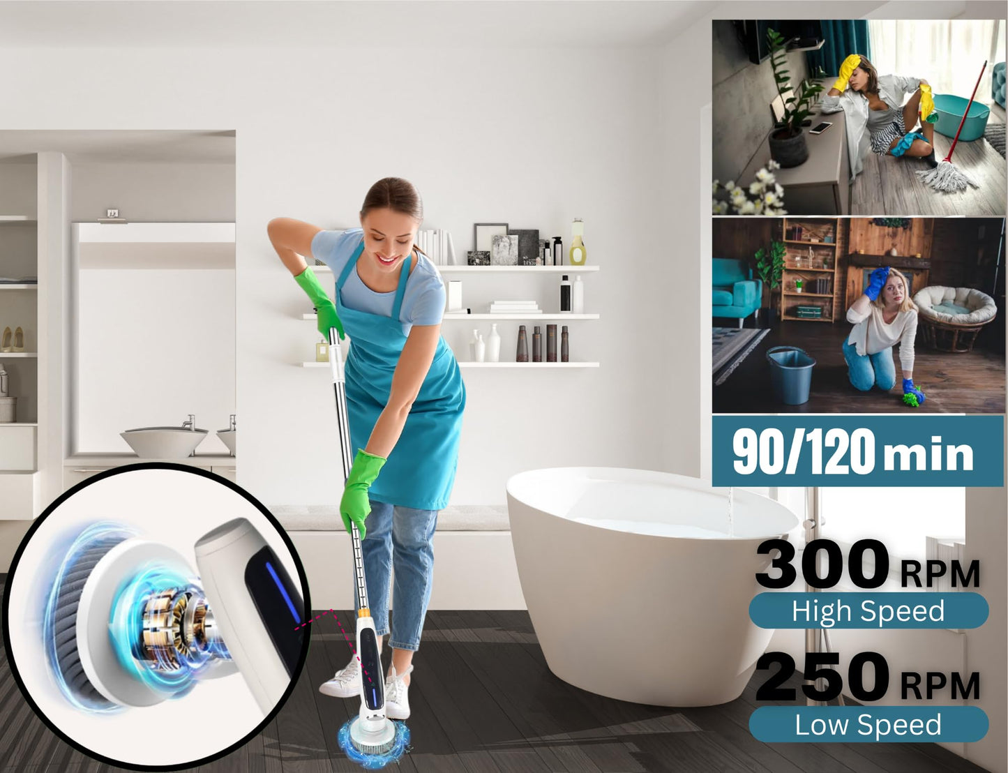 AXZ Electric Spin Scrubber, 2025 New Full-Body IPX7 Waterproof Quite Cordless Bathroom & Kitchen Cleaning Brush with 8 Replaceable Heads, 2 Speeds, Adjustable Handle for Floor, Bathtub, Tiles (White)
