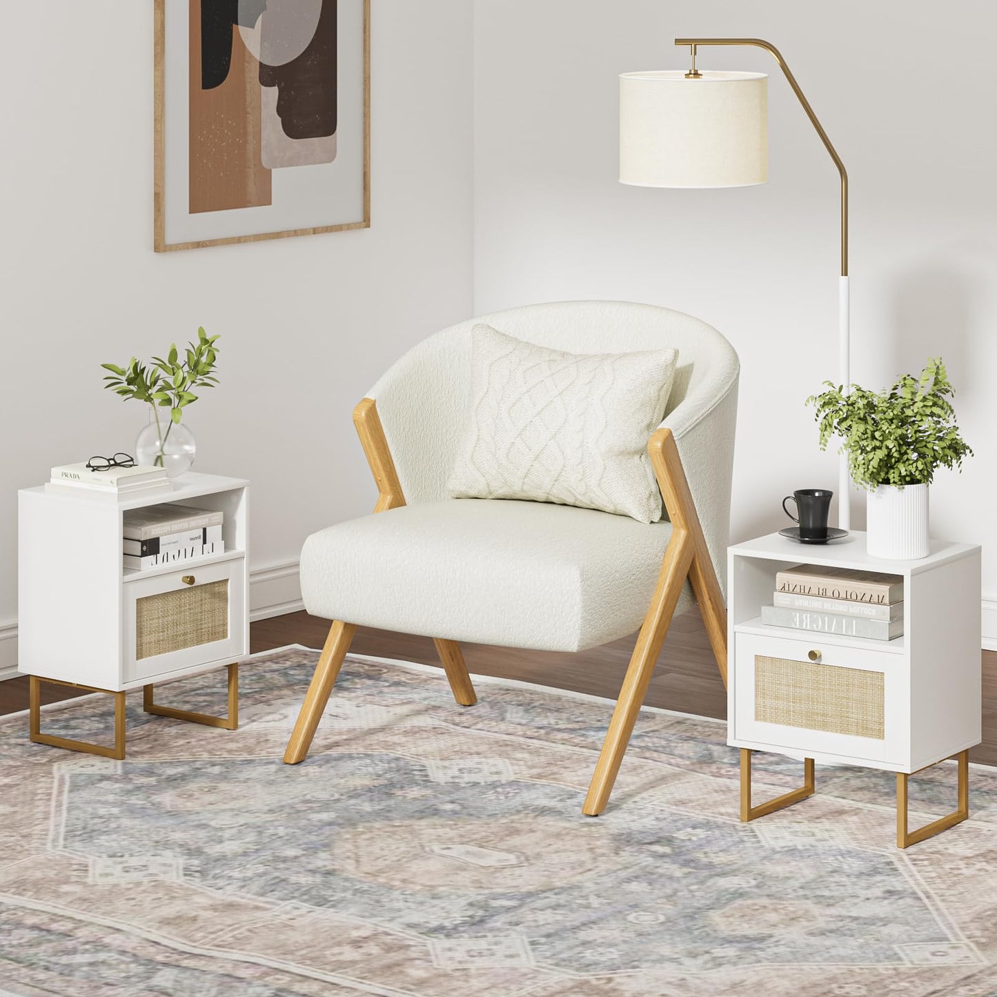 Masupu Rattan Nightstand,Modern Boho Farmhouse Wood Side Table with Storage Drawer and Open Shelf,Small Gold Frame Bedide End Table for Bedroom,Living Room,Office,White