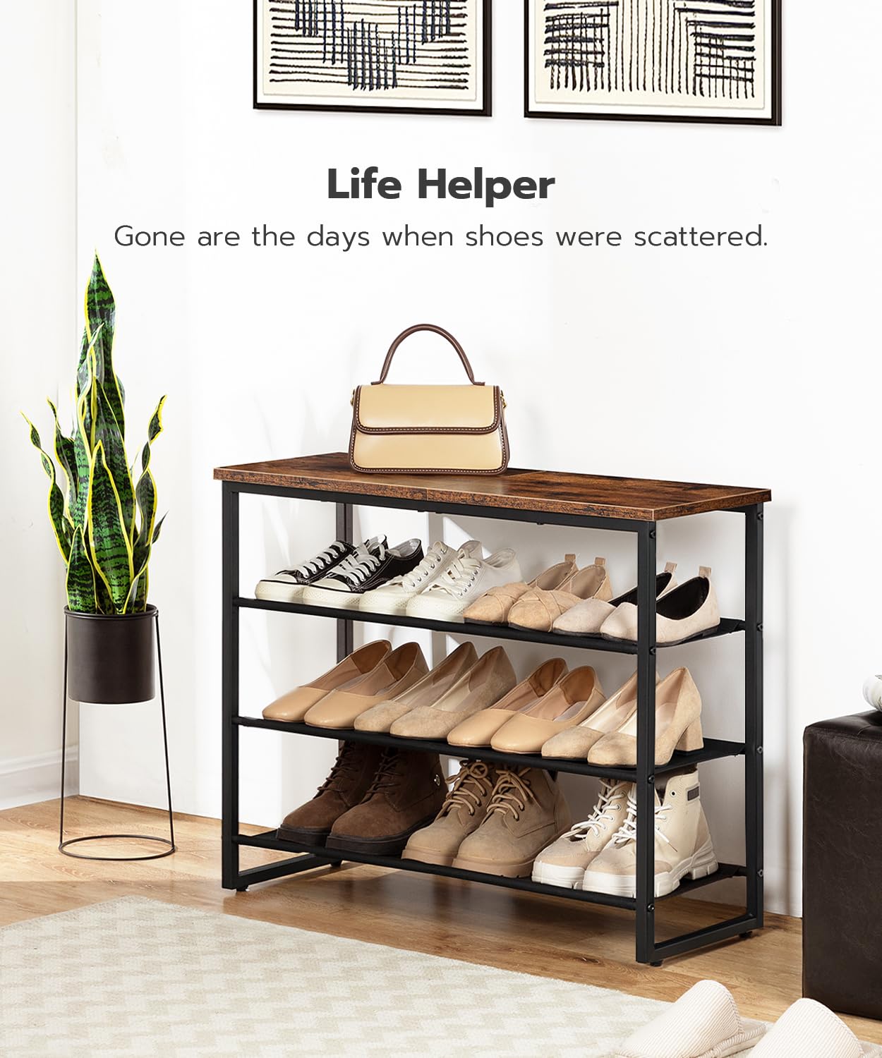 HOOBRO Shoe Rack, 4 Tier Shoe Storage Organizer, Shoe Shelf with 3 Oxford Fabric Shelves and Top Panel, Holds 12-16 Pairs of Shoes, for Entryway, Closet, Steel Frame, Rustic Brown BF47XJ01G1