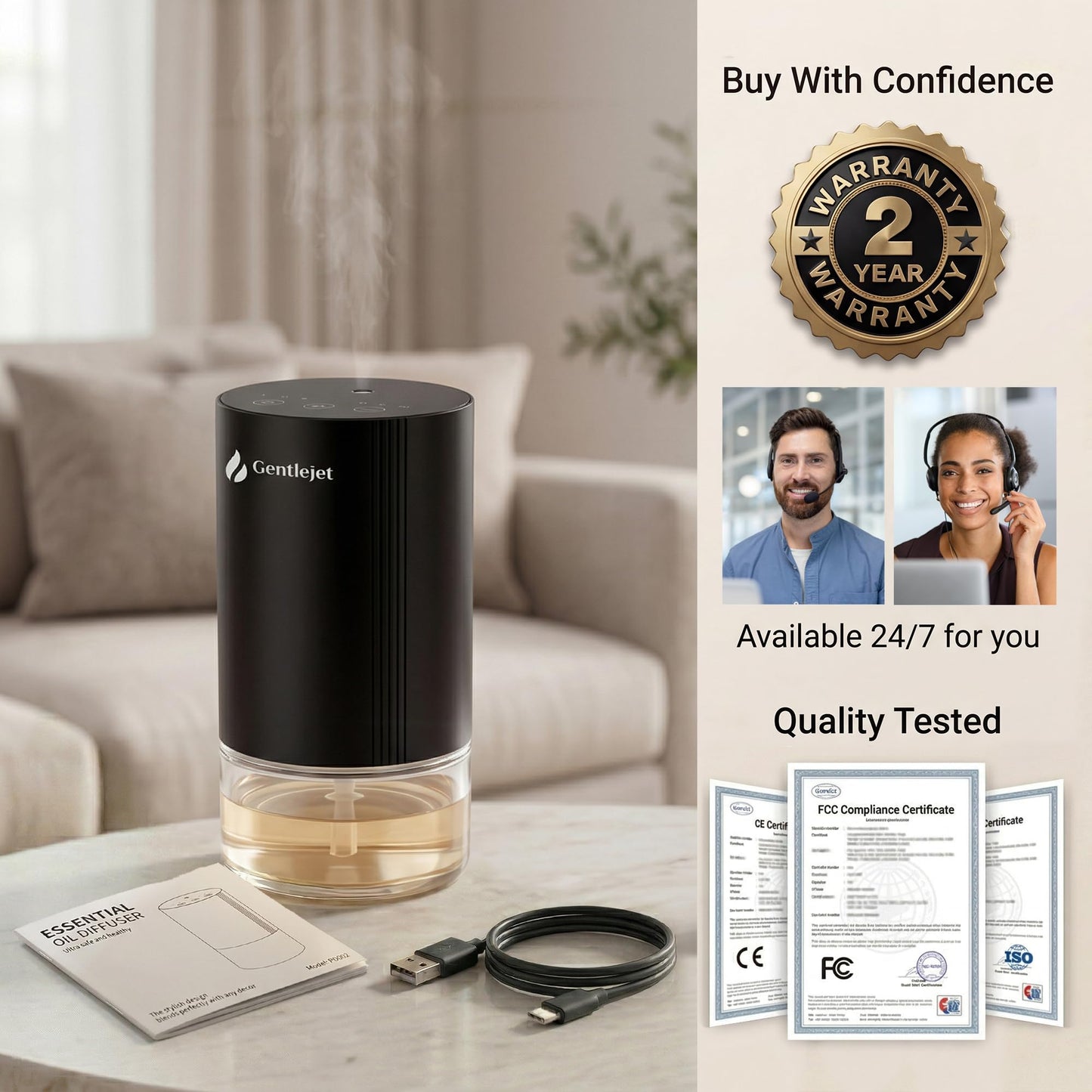 GentleJet SerenityMist Waterless Essential Oil Diffuser, Portable Aromatherapy Diffuser with Rechargeable Battery, Touch Control, Timer, USB-C, Quiet Mini Diffuser for Home, Office & Car (Black)