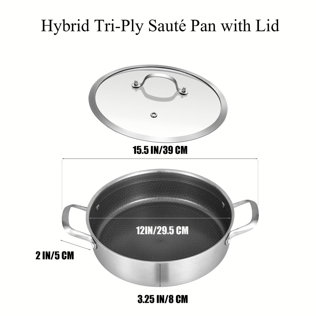 Inqibee 5 QT Hybrid Tri-Ply Stainless Steel Ceramic Non Stick Sauté Pan with Lid, 11 Inch Deep Frying Pan Cookware, Induction Compatible, All Cooktops, Oven & Dishwasher Safe