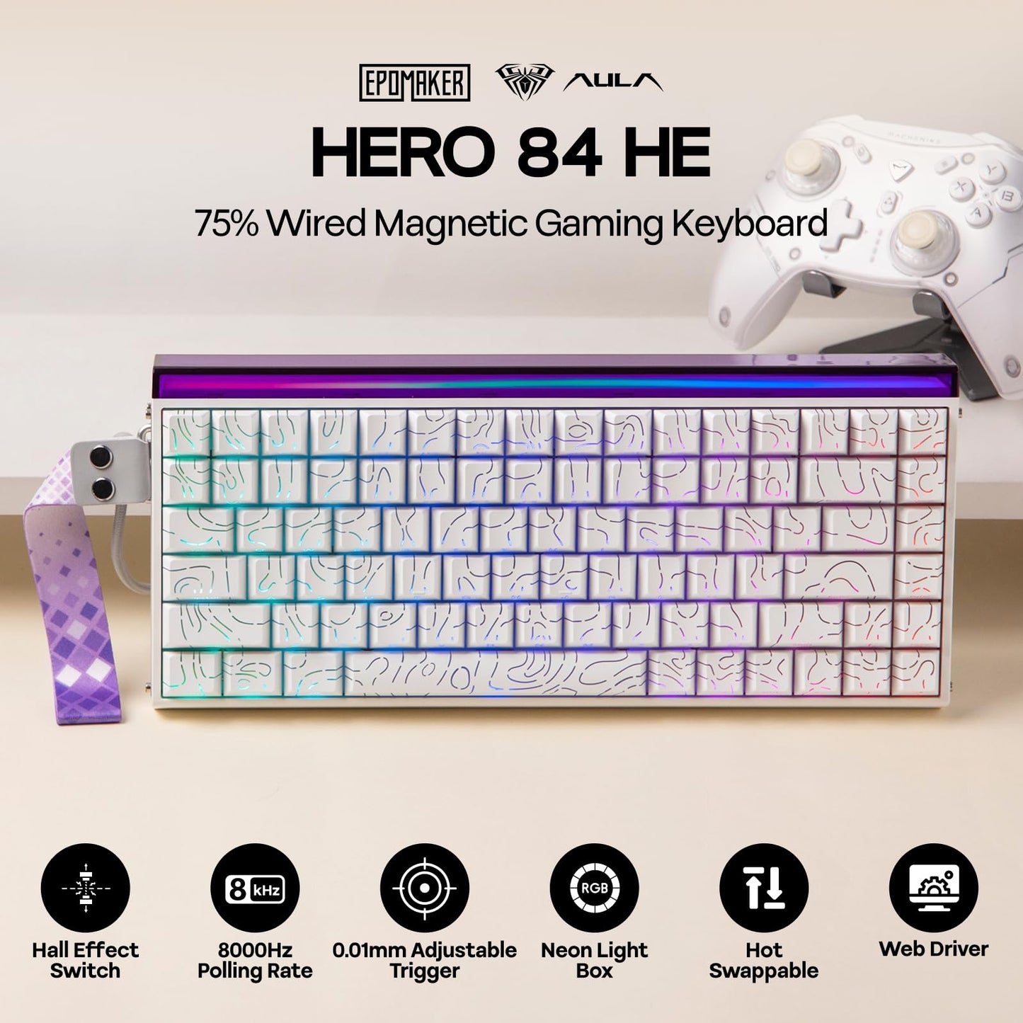 EPOMAKER Aula Hero84 HE Wired Hall Effect Keyboard with RGB Lightbox, 0.01mm Adjustable Actuation, 8KHz Polling, 0.125ms Latency, Snap Key, SOCD, Magnetic Gaming Keyboard (White Topographic)