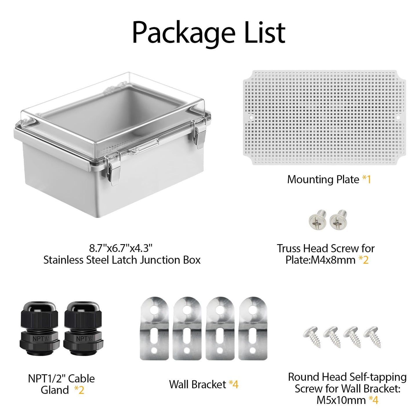 LeMotech ABS Junction Box Hinged Clear Cover Stainless Steel Latch IP67 Waterproof Enclosure with Mounting Plate Wall Bracket for Electrical Project 8.7x6.7x4.3 inch (220x170x110mm)