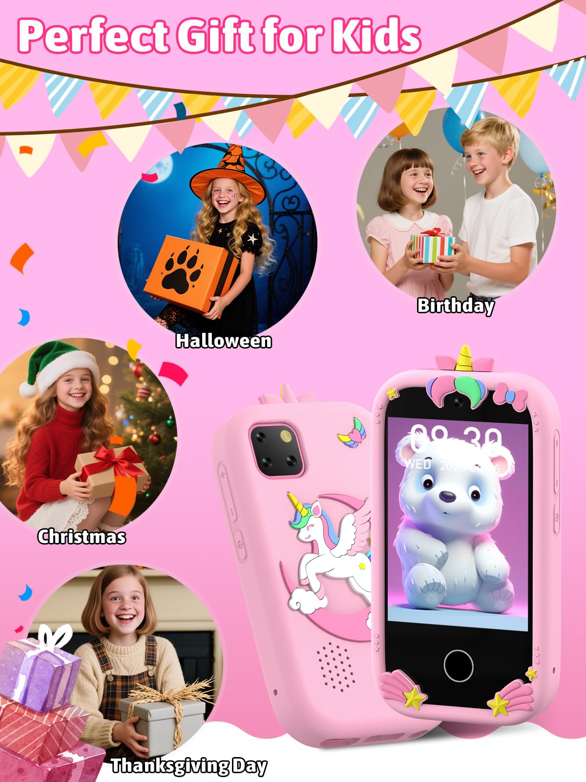 Mgaolo Kids Phone Smartphone Toy, 2.8" Touchscreen Smart Phone, Toddler Educational Learning Gift for Boys Girls Age 3-8, Games, Dual Cameras, Music Video Player, Christmas Birthday Present (Pink)