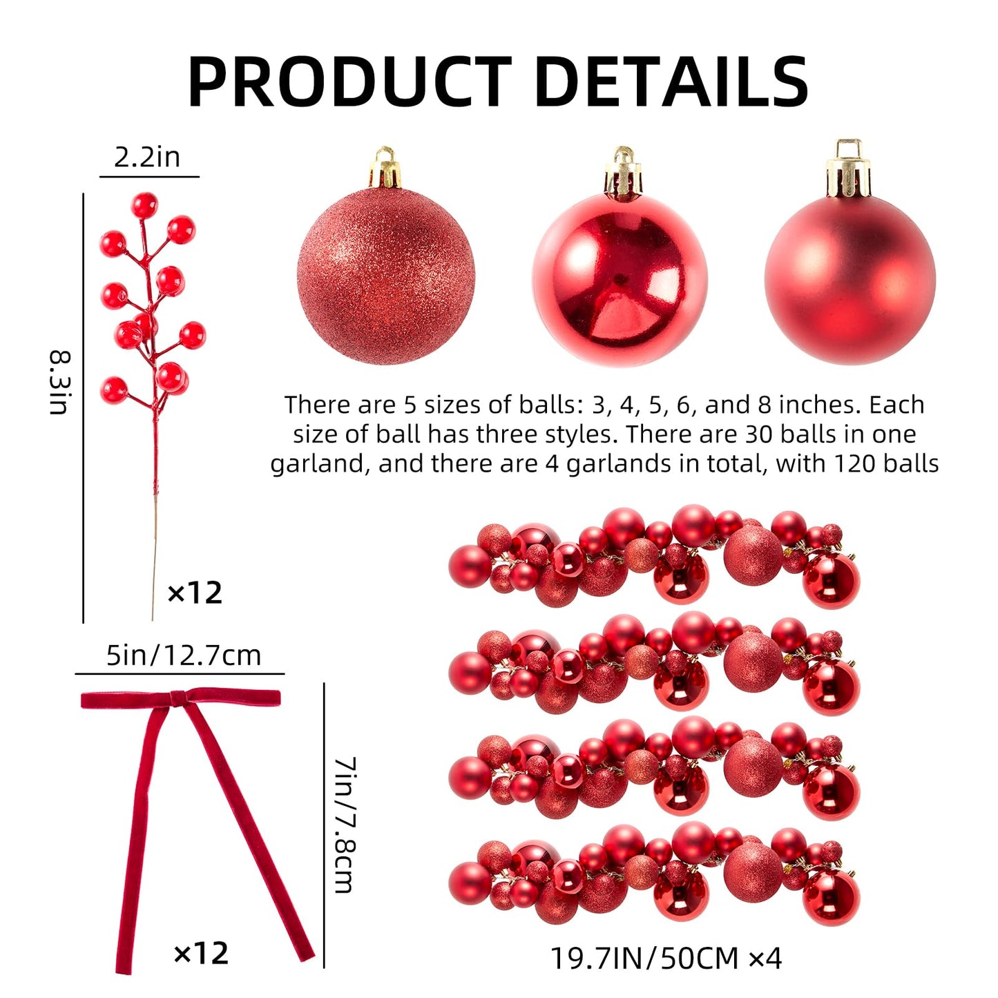 4 Pack 1.8 Feet Christmas Ball Garland Ornaments with 12 Velvet Bows and 12 Berry Picks 120 Balls Hanging Shatterproof Xmas Decor Segmented Garland for Christmas Tree Supplies (Total 7.2 feet)