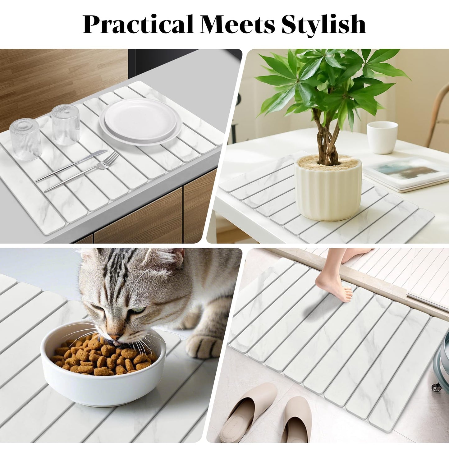 2 PCS Large Stone Dish Drying Mats for Kitchen Counter, 61"(L)×41"(W) Marble Pattern Mat with 20"x 10" Coasters, Collapsible Quick-Dry Diatomite Drying Mat for Dishes, Bottles & Cups