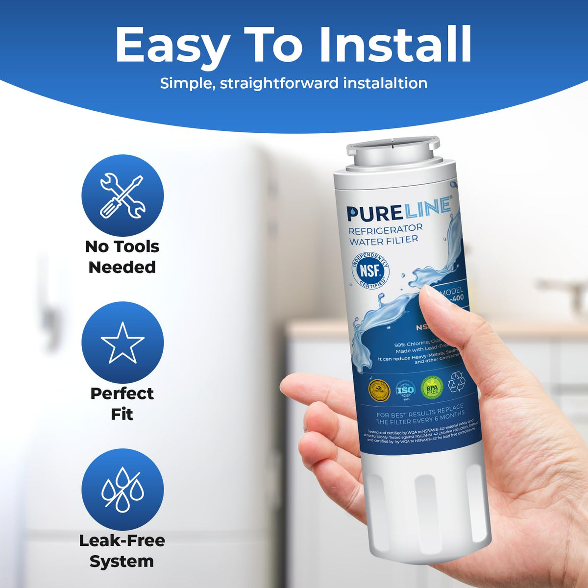 Pureline UKF8001 Water Filter Replacement for Everydrop Filter 4, EDR4RXD1, UKF8001, UKF8001AXX-200, UKF8001AXX-750, Whirlpool 4396395, WRS322FDAM04, WRX735SDHZ00, and Many More Models. (3 Pack)