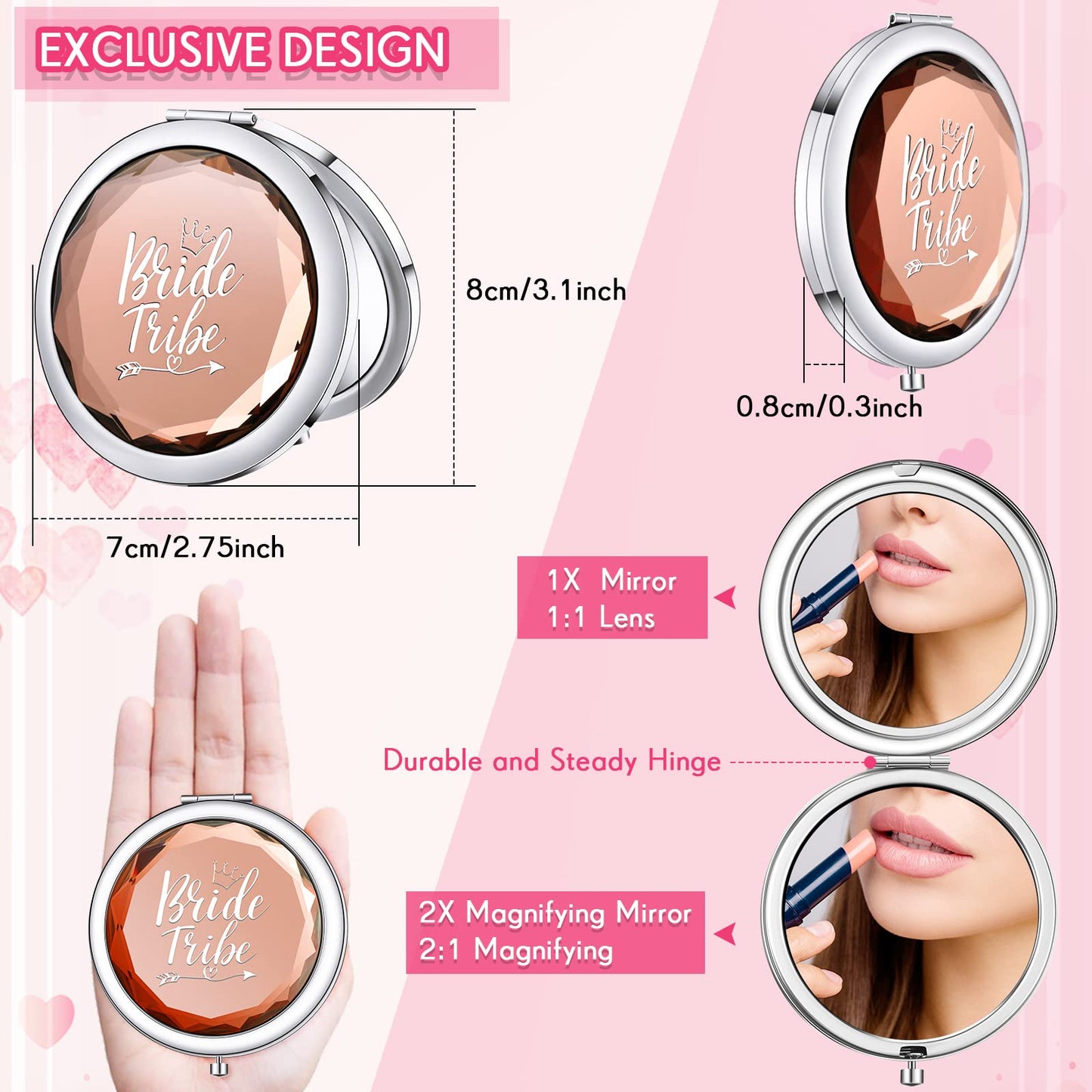 24 Pack Bridesmaid Proposal Gifts 6 Hair Scrunchies Bridal Shower Hair Band 6 Compact Pocket Bride Makeup Mirror 6 Love Knot Bracelets 6 Rose Gold Diamond Pens for Wedding Bridal Party Accessories