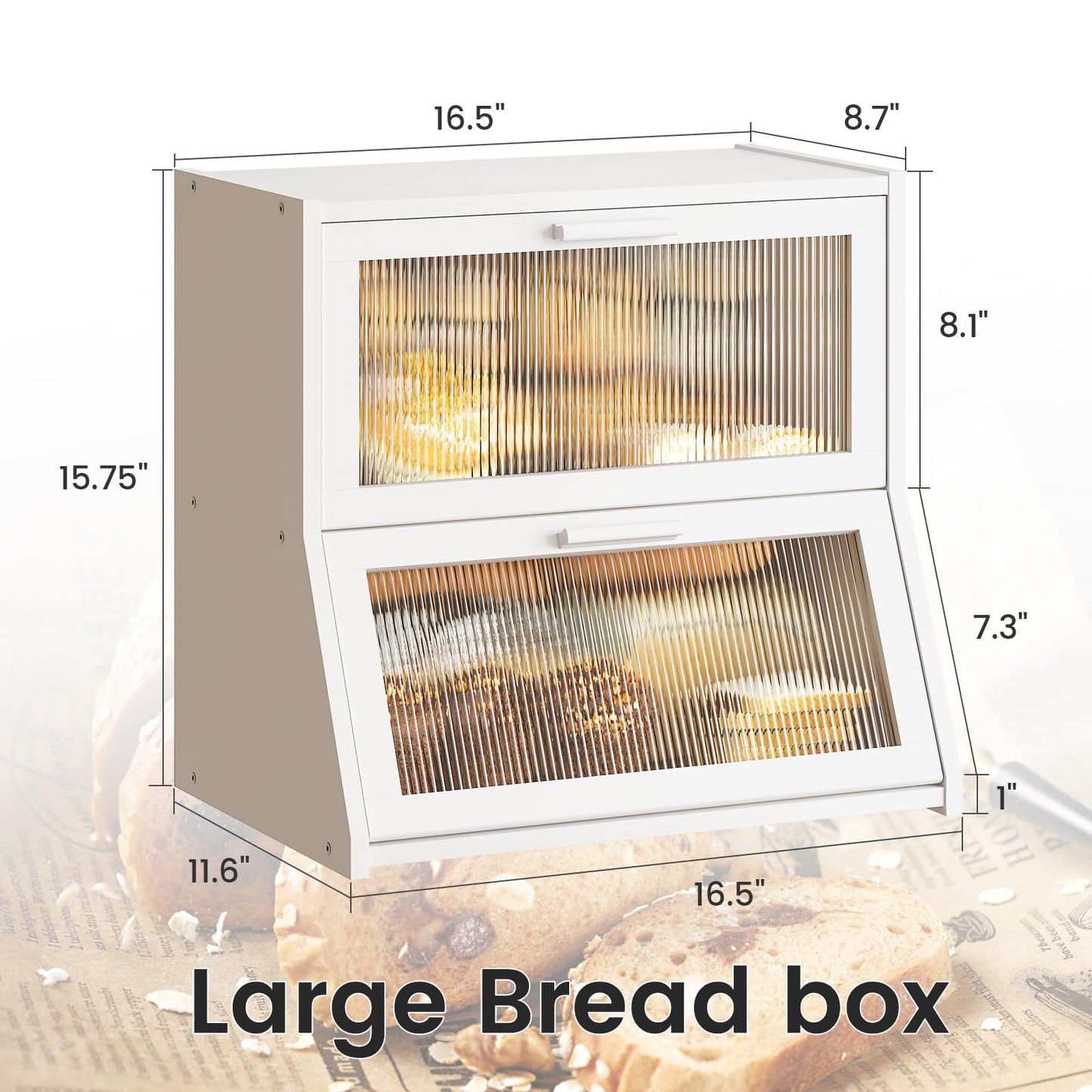 GHWIE Double Layer Bamboo Bread Box for Kitchen Counter,Large Capacity Bread Storage Bin,Bread Container with Acrylic Wavy Door Panel (White, Extra Large)