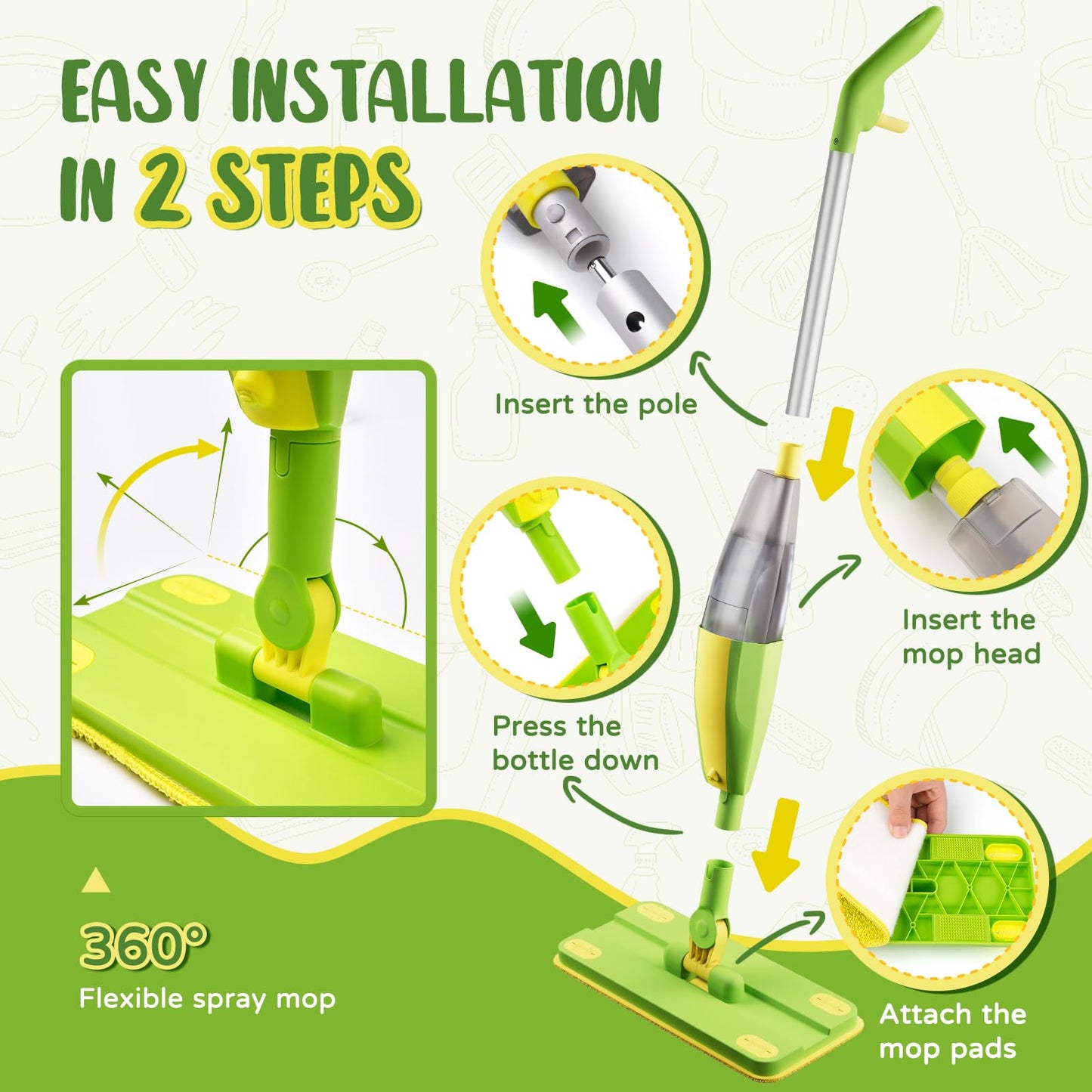 Yasterd Kids Spray Mop, Fun & Functional Toddler Mop Cleaning Set,Real Working Mini Mop, Pretend Play Toy –Includes Spray Bottle,Washable Microfiber Pads, Montessori Toddler Cleaning Toy Set -Green